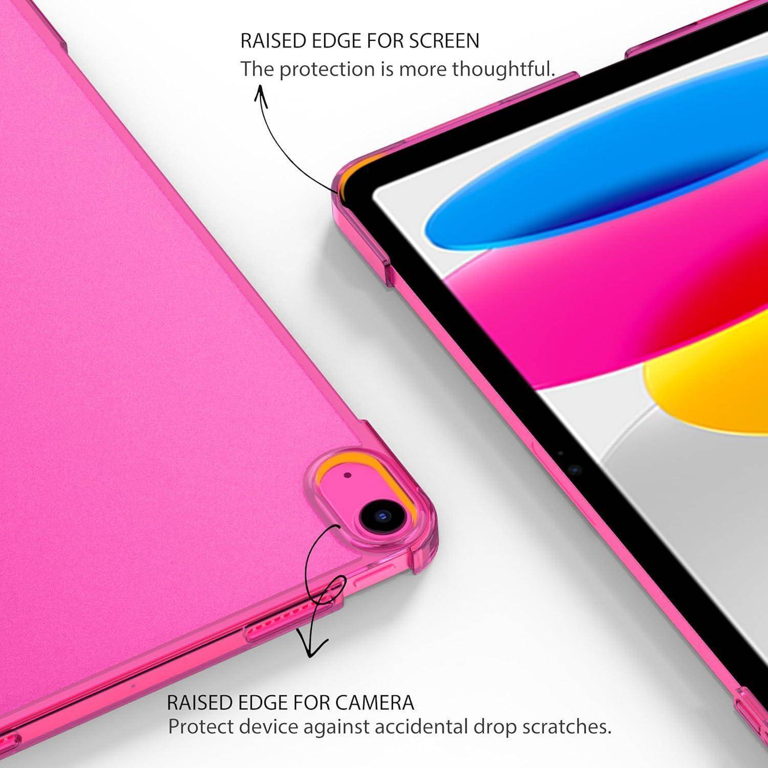Rosa Tablet-Schutzhülle mit erhöhten Rändern zum Schutz des Bildschirms und der Kamera, in Nahaufnahme dargestellt mit Beschriftungen, die auf beide Schutzfunktionen hinweisen.