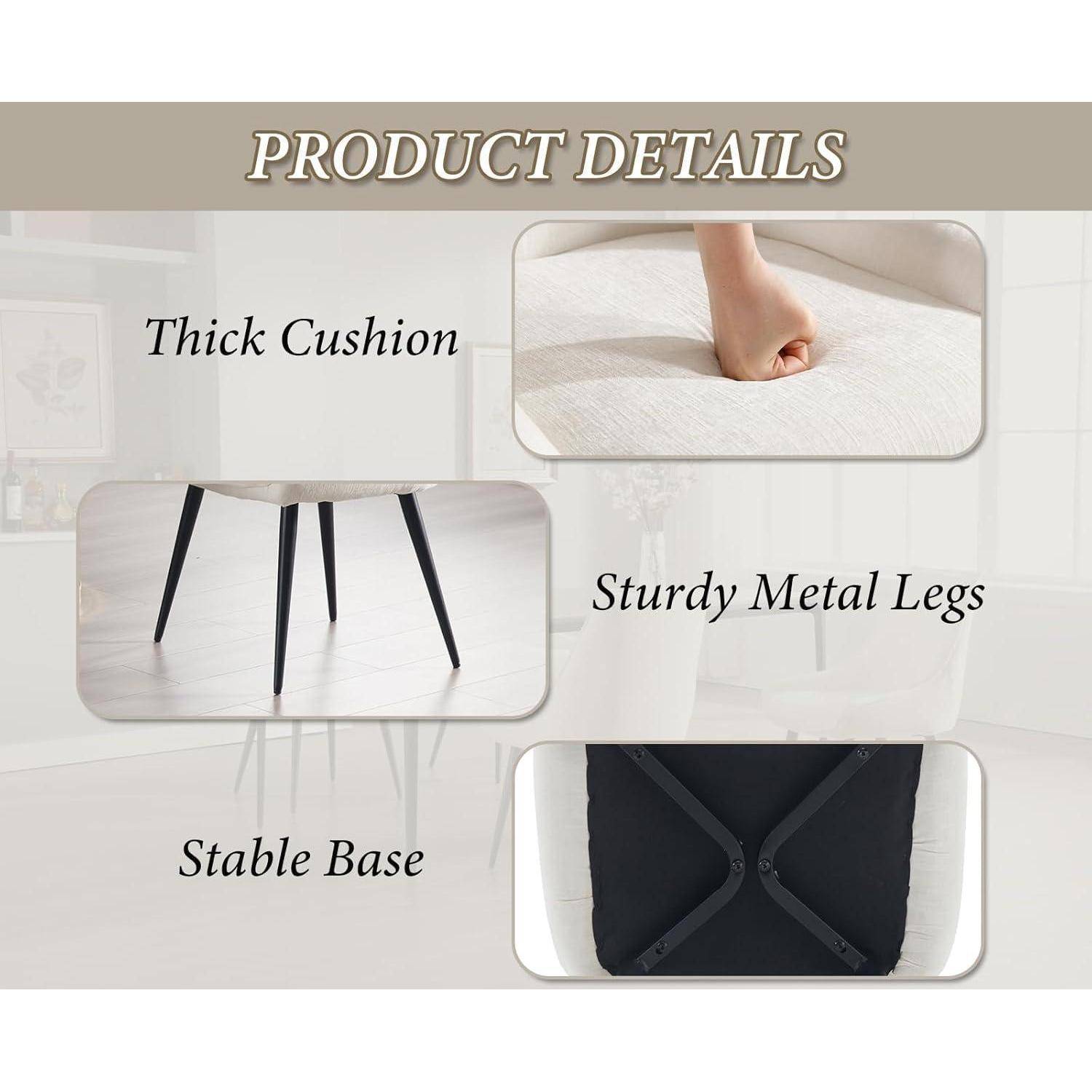 Produktdetail-Grafik, die ein dickes Kissen, stabile Metallfüße und eine stabile Basis für einen Stuhl oder Hocker zeigt.