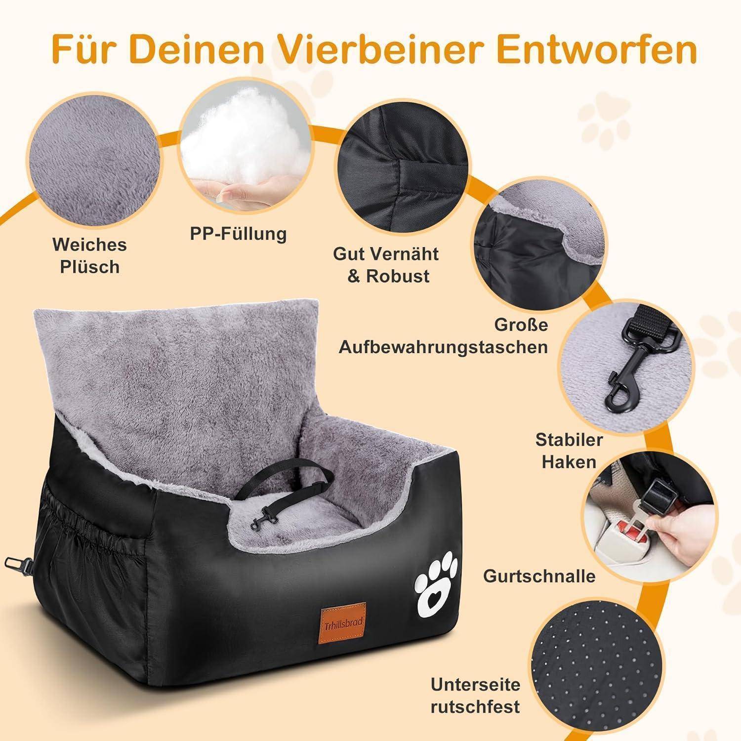 Hunde Autositz, 55x30x30cm, 1 Ansteckbare, Verstellbare Sicherheitsleinen, Auto-Hundebett für kleine Hunde, komplett Abnehmbarer und Waschbarer