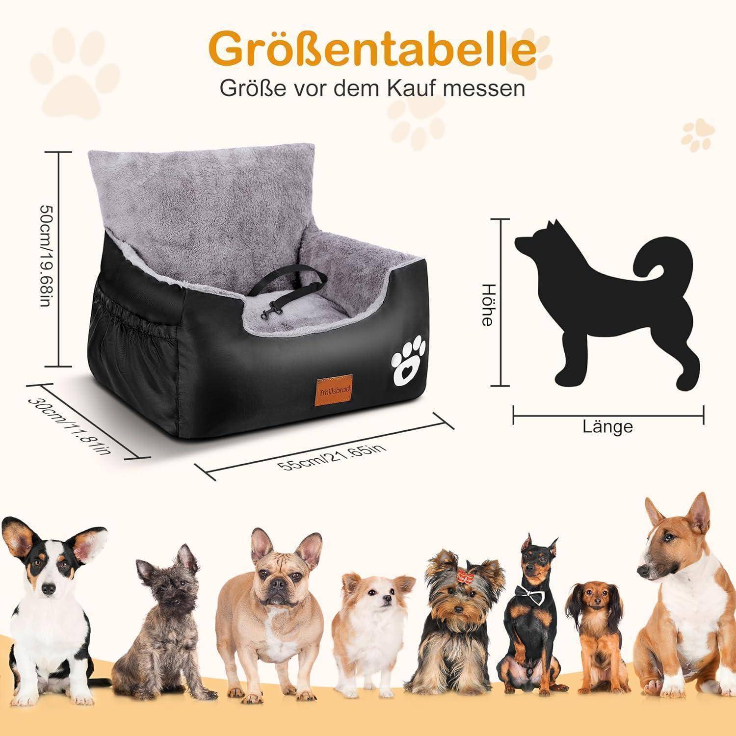 Hunde Autositz, 55x30x30cm, 1 Ansteckbare, Verstellbare Sicherheitsleinen, Auto-Hundebett für kleine Hunde, komplett Abnehmbarer und Waschbarer