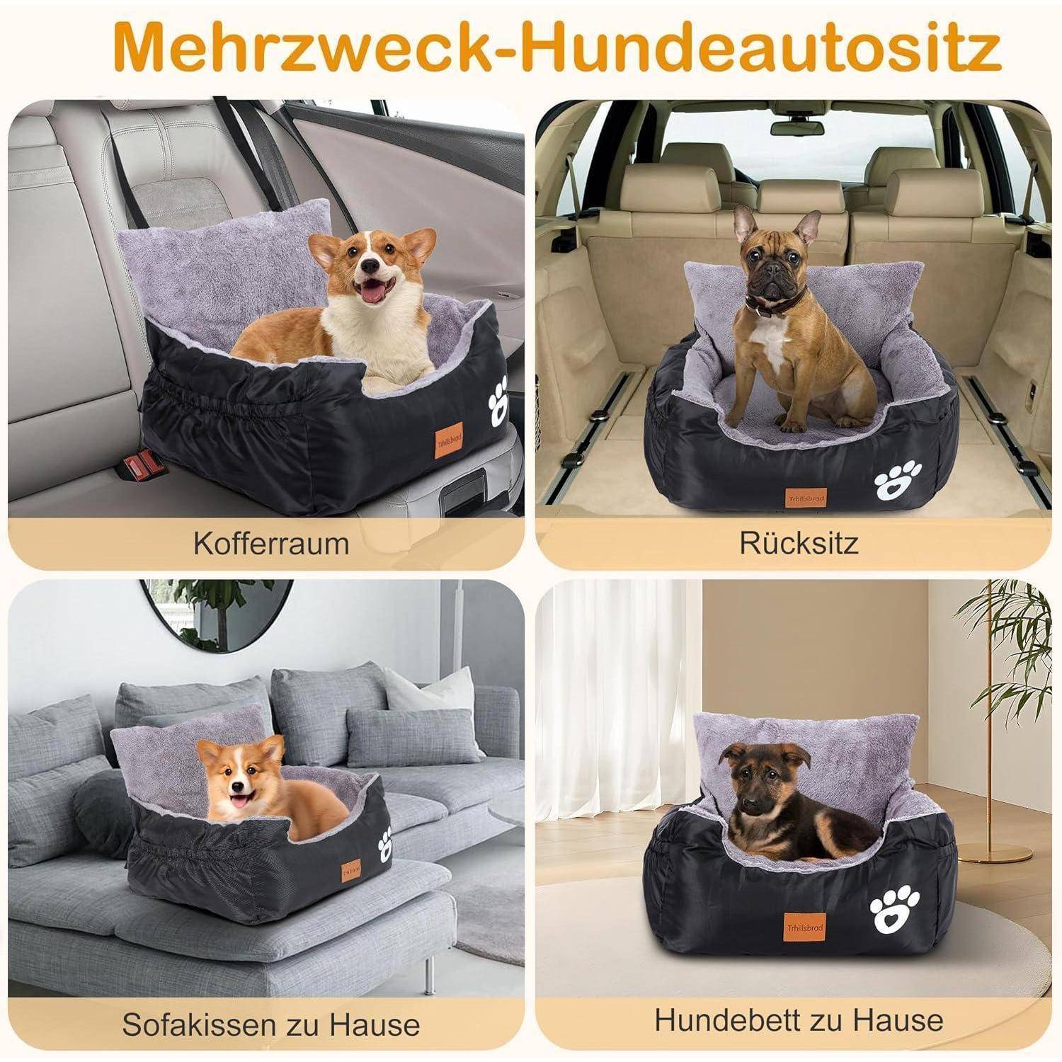 Hunde Autositz, 55x30x30cm, 1 Ansteckbare, Verstellbare Sicherheitsleinen, Auto-Hundebett für kleine Hunde, komplett Abnehmbarer und Waschbarer