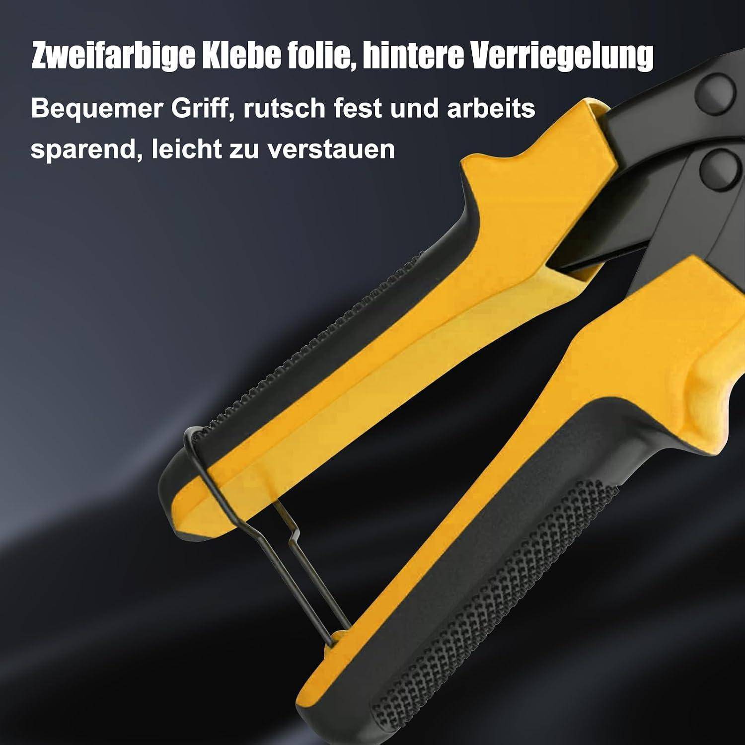 Nahaufnahme eines gelb-schwarzen tragbaren Werkzeugs mit deutschem Text: "Zweifarbige Klebefolie, hintere Verriegelung"" und ""Bequemer Griff, rutschfest und arbeitssparend, leicht zu verstauen"