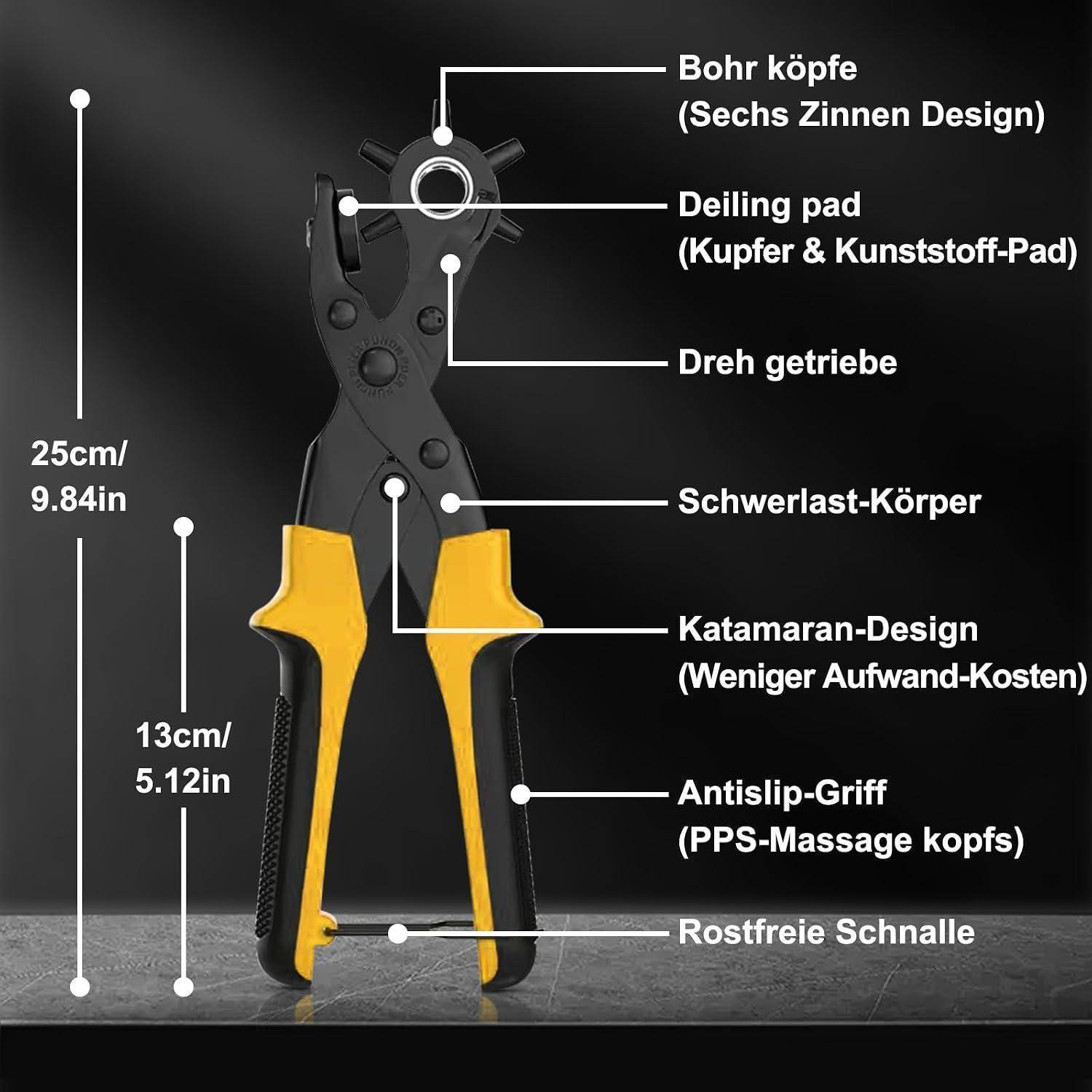 # Annotiertes Bild eines Handwerkzeugs mit beschrifteten Teilen in Deutsch: Bohrerkopf, Trennpad, Zahnrad, robuster Körper, Katamaran-Design, rutschfester Griff und rostfreier Gehäuse, mit Größenmarkierungen 25 cm und 13 cm.