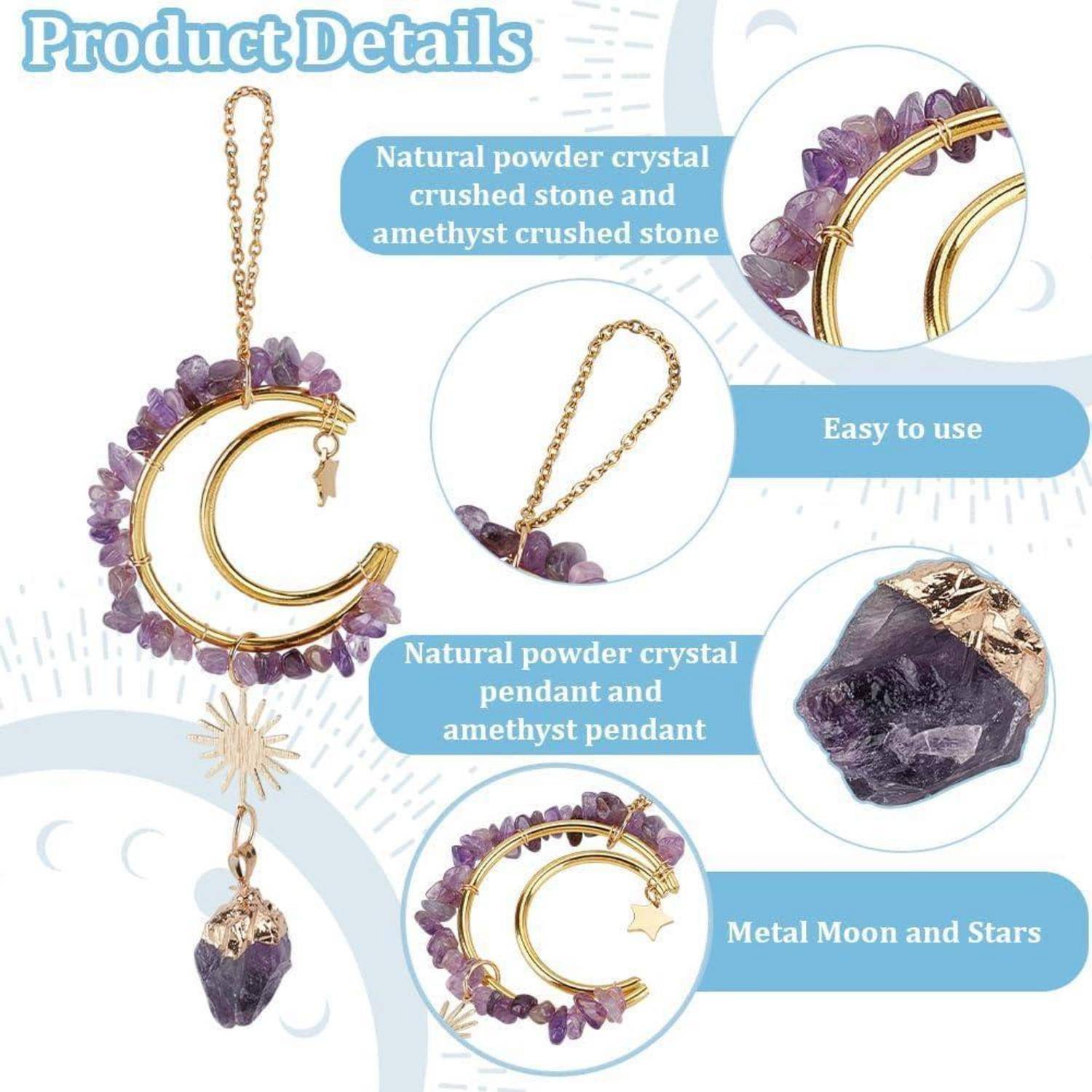 Produktdetails Infografik für eine goldfarbene Halbmond-Halskette mit Amethyst-Steinen und einem Kristallanhänger, beschriftet mit 