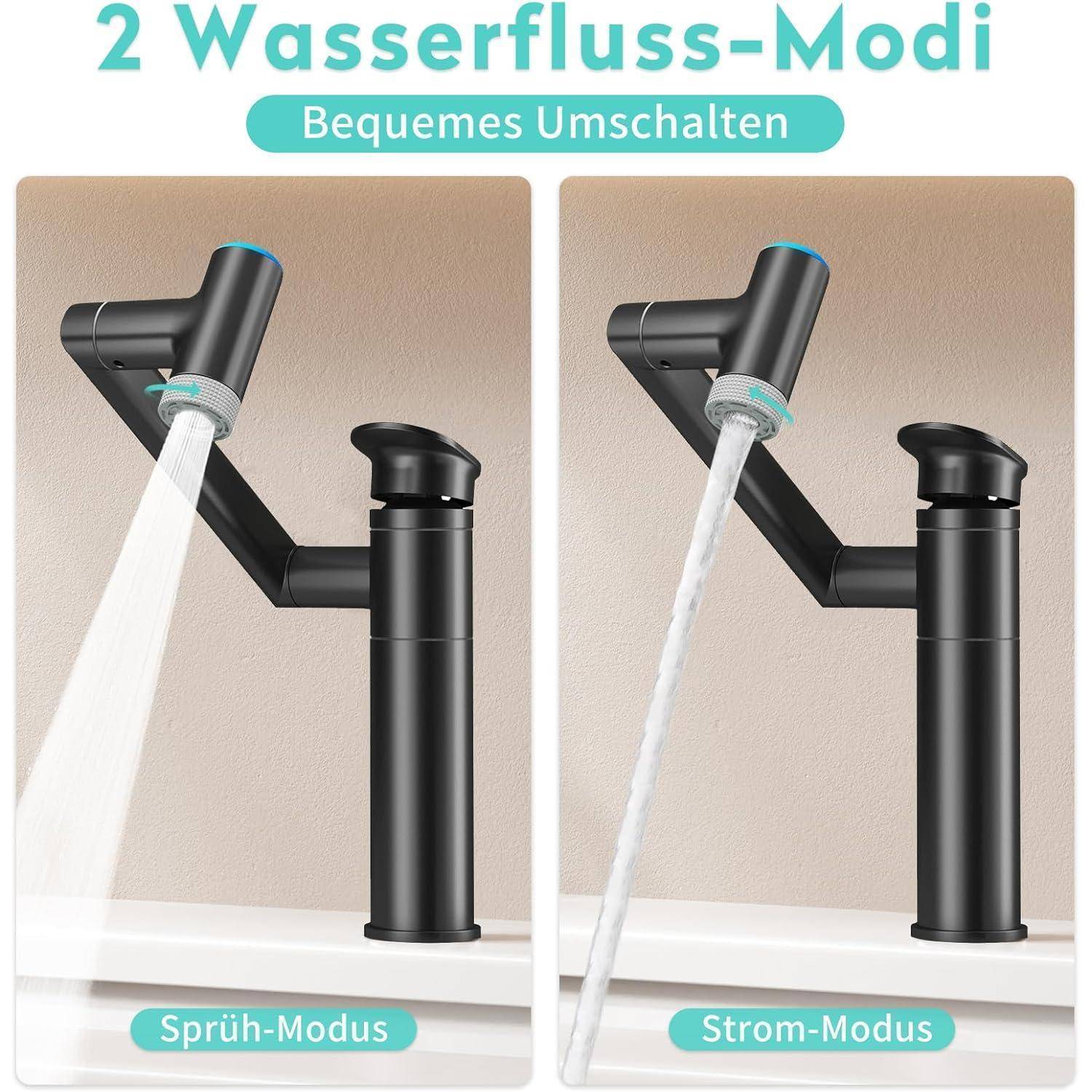 Produktbild mit einem schwarzen Wasserhahn mit „2 Wasserfluss-Modi