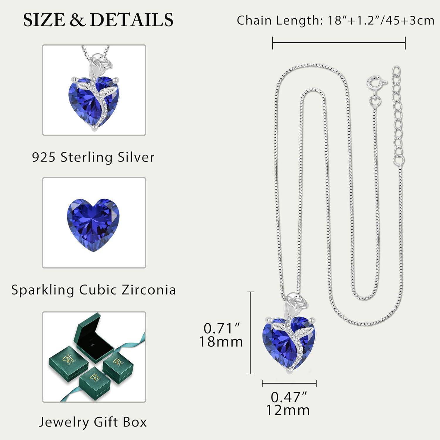 Produktgröße und Materialien Infografik für eine Herzanhänger-Halskette: 925er Sterlingsilber, funkelndes Zirkoniumoxid, Geschenkbox enthalten; Kettenlänge 18+1,2/45+3cm, Anhänger 0,71in/18mm x 0,47in/12mm.