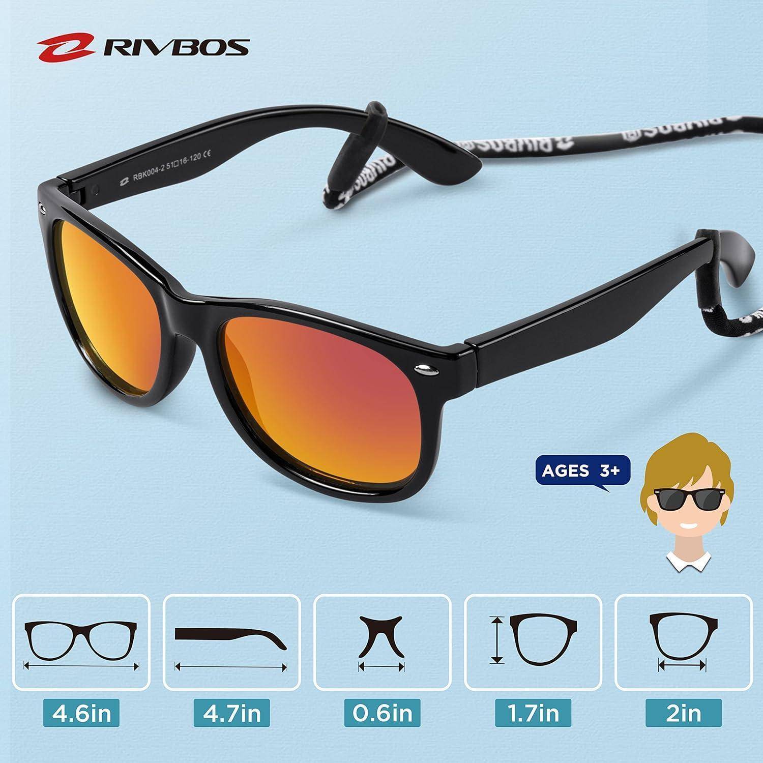 RIVBOS Kindersonnenbrille mit schwarzem Rahmen und verspiegelten orangefarbenen Gläsern, dargestellt mit Größenangaben: 4,6 Zoll Breite, 4,7 Zoll Bügel, 0,6 Zoll Steg, 1,7 Zoll Glashöhe, 2 Zoll Glasbreite; ab 3 Jahren.