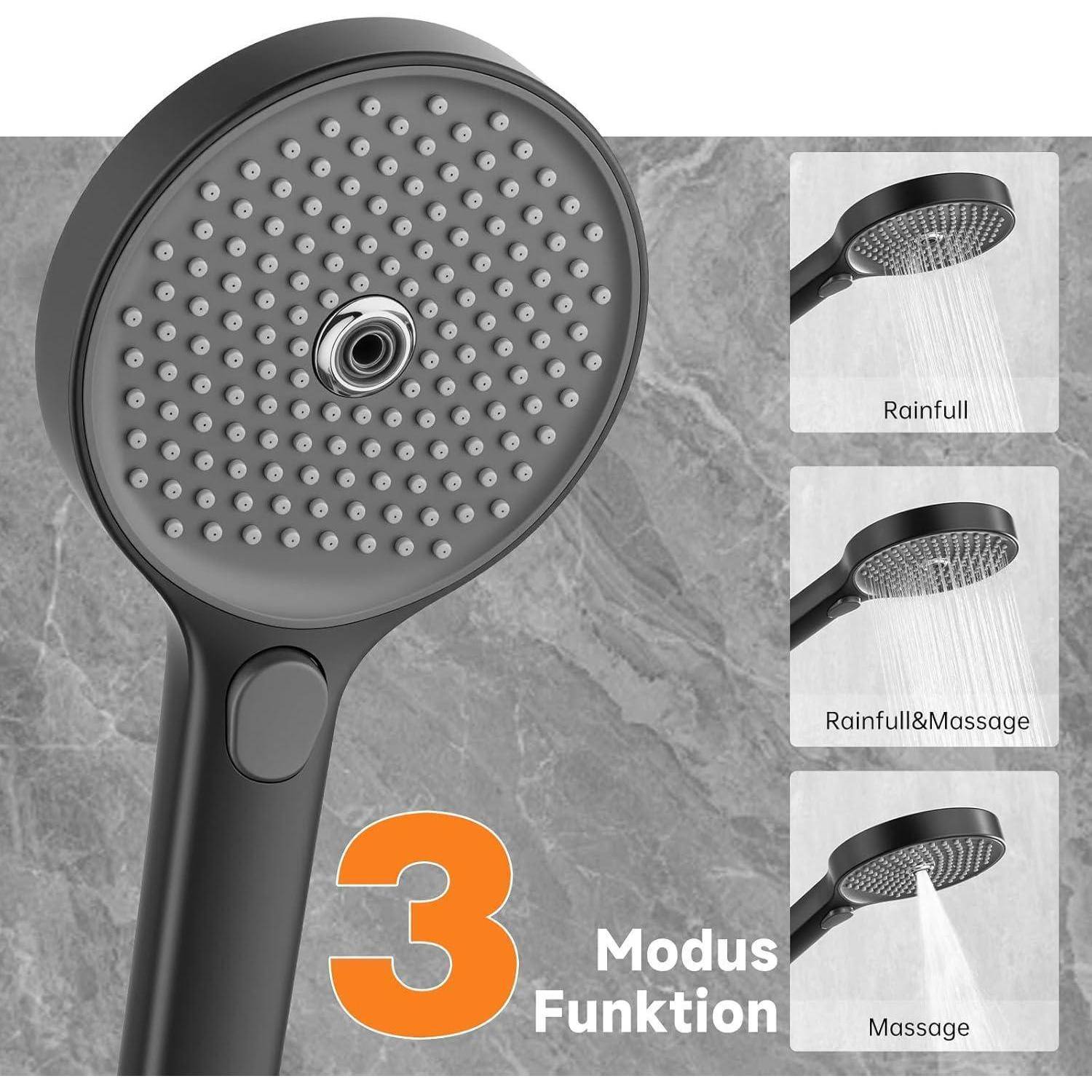 Duschkopf mit 3 Sprühmodi; Seitenpaneele zeigen Regen, Regen&Massage und Massage, gekennzeichnet als „3-Modus-Funktion