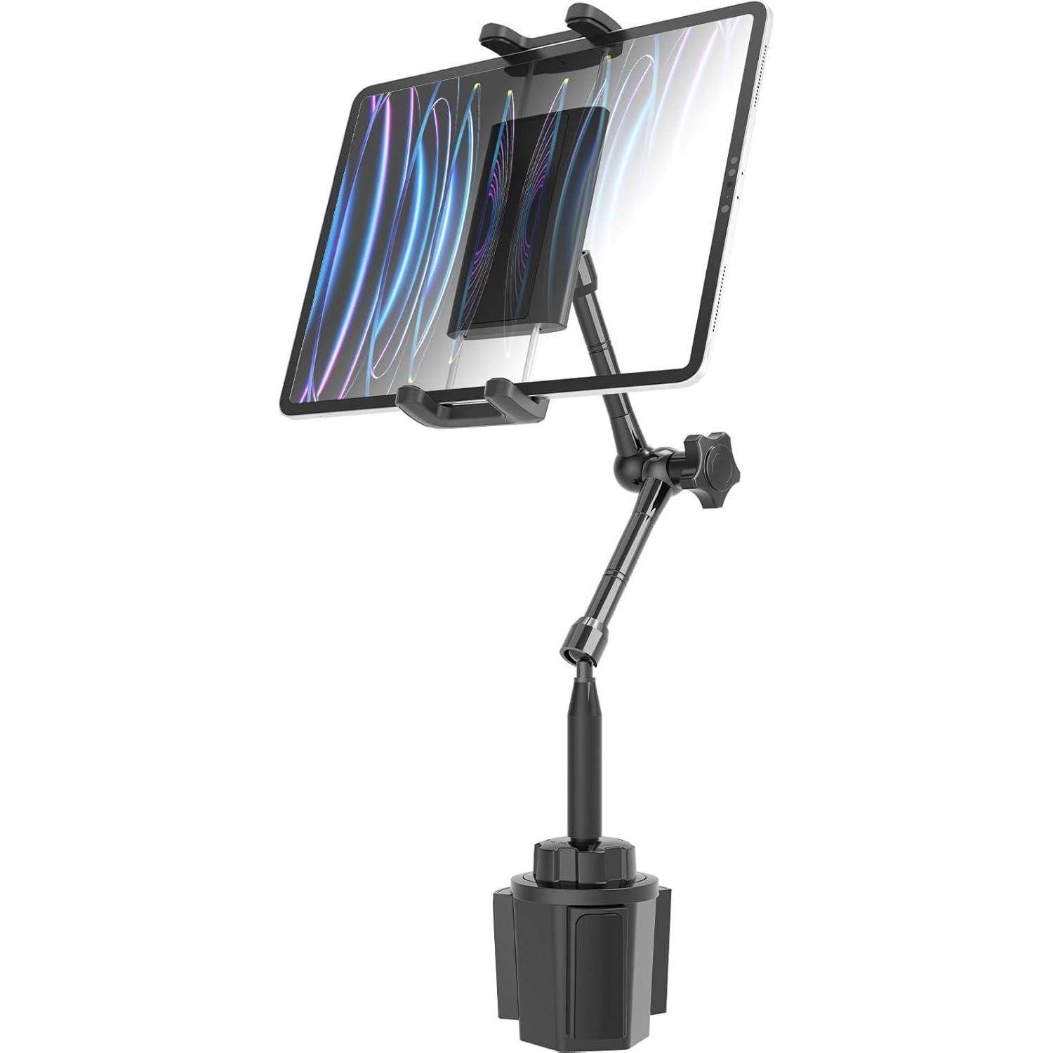 Tablet montiert auf einem verstellbaren Klemmständer mit gelenkigem Arm und gewichteter Basis, das Gerät vertikal im Winkel haltend.
