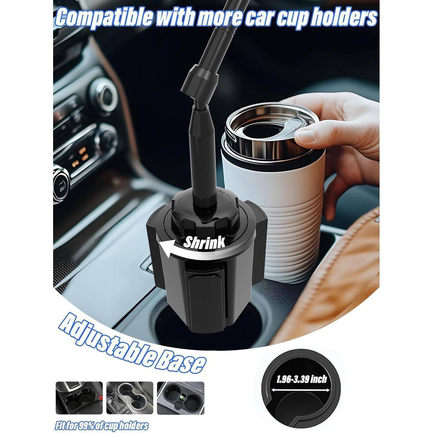 Autotassenhalter-Adapter mit verstellbarer Basis und Schrumpffunktion, gezeigt beim Passen in mehrere Autotassenhalter und beim Halten einer Reisekaffeetasse.