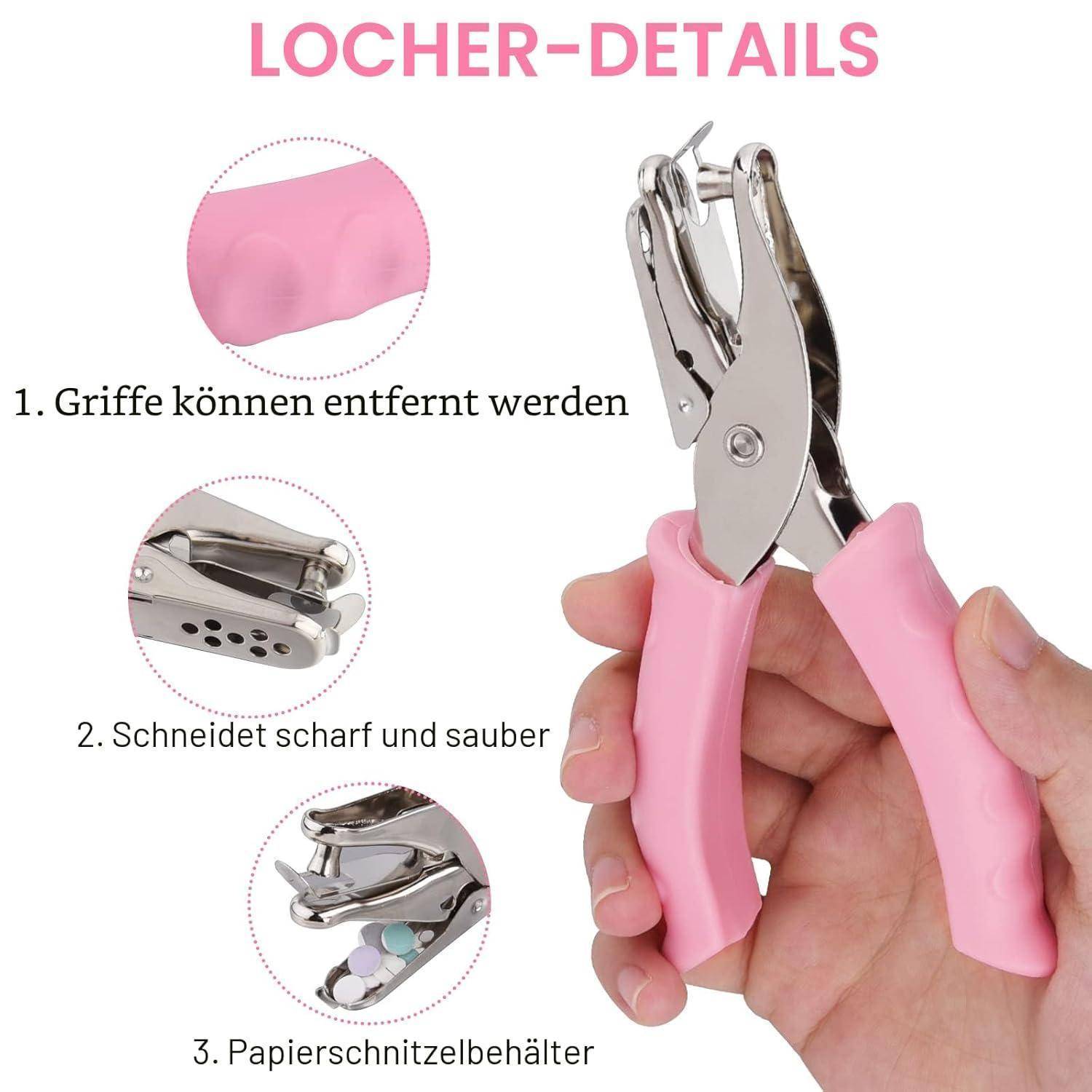 Locher mit rosa Griff in einer Hand, mit drei Beschriftungen, die abnehmbare Griffe, sauberes scharfes Schneiden und einen Behälter für Papierlochbestandteile zeigen.