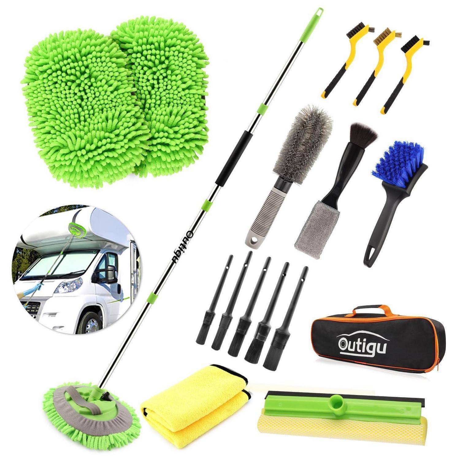 Autowäscher-Set mit Verlängerungsstange, Mikrofaser-Handschuhen, Bürsten, Scheuerbürste, Abzieher, Tüchern und Aufbewahrungstasche, dargestellt mit einem Beispiel zur Reinigung eines Lastwagens.