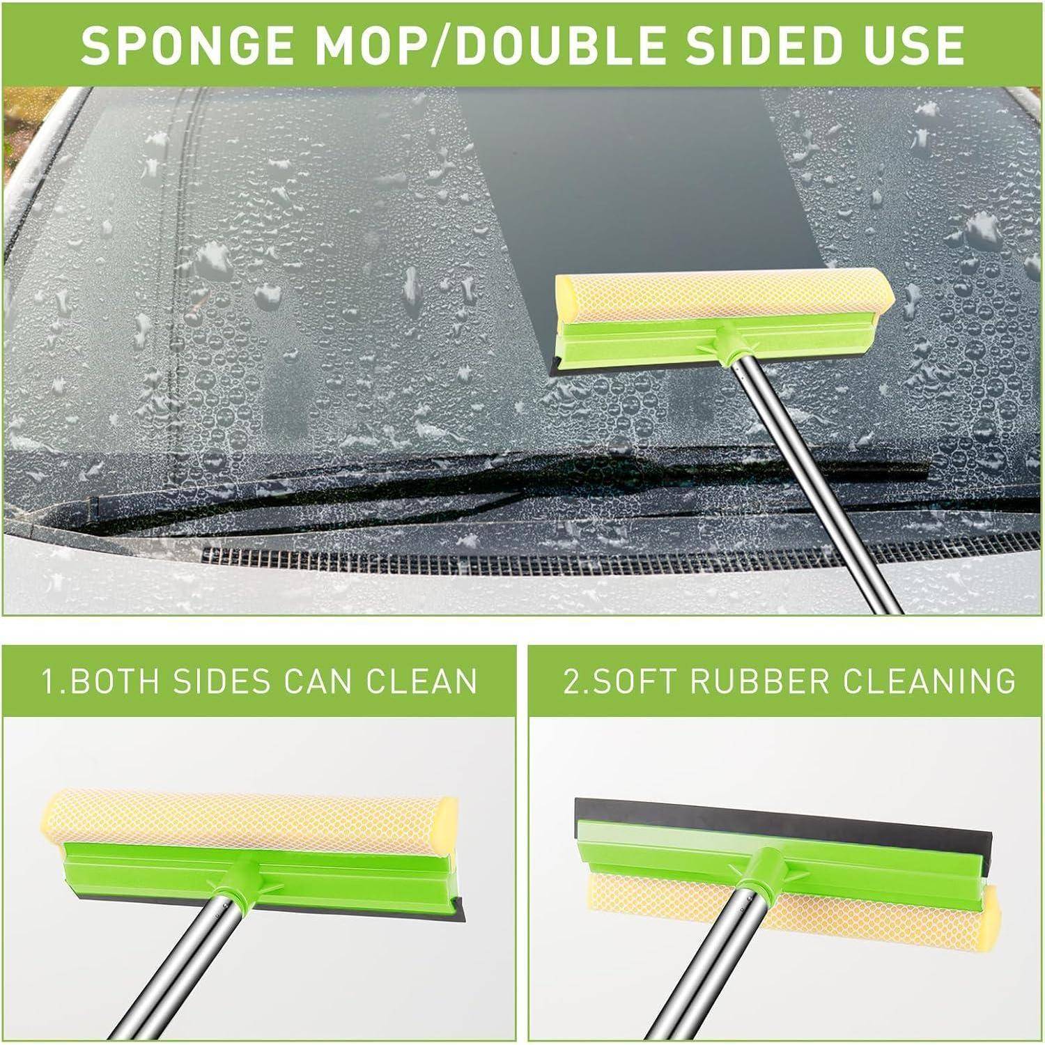 Werbeanzeige mit einem beidseitigen Schwammmop zum Reinigen einer Autoscheibe, mit den Beschriftungen „Beide Seiten können reinigen" und „Weiches Gummi zum Reinigen"".