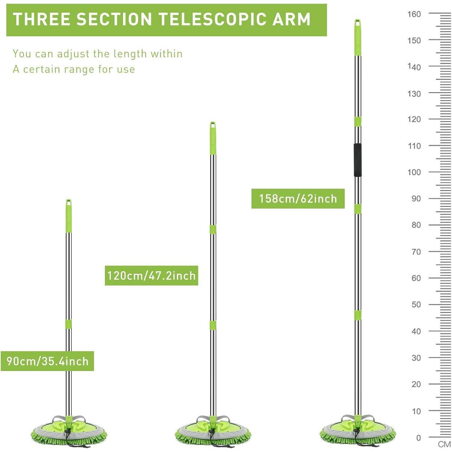Diagramm eines dreiteiligen ausziehbaren Moppstiels mit verstellbaren Längen: 90 cm, 120 cm und 158 cm (35,4, 47,2 und 62 Zoll).