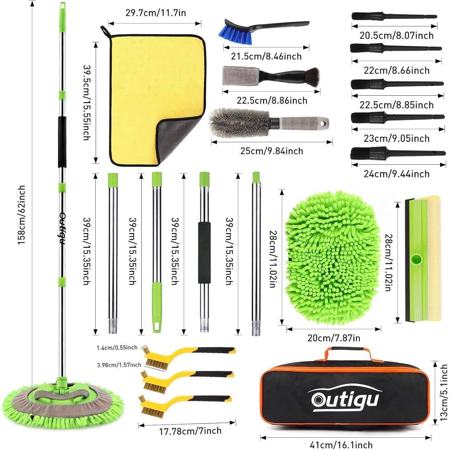 Collage eines Mopps und Reinigungssets mit beschrifteten Abmessungen: Teleskop-Stabmopp, Moppkopf, Stauberbürsten, Reinigungstücher, Abzieher und Tragetasche.