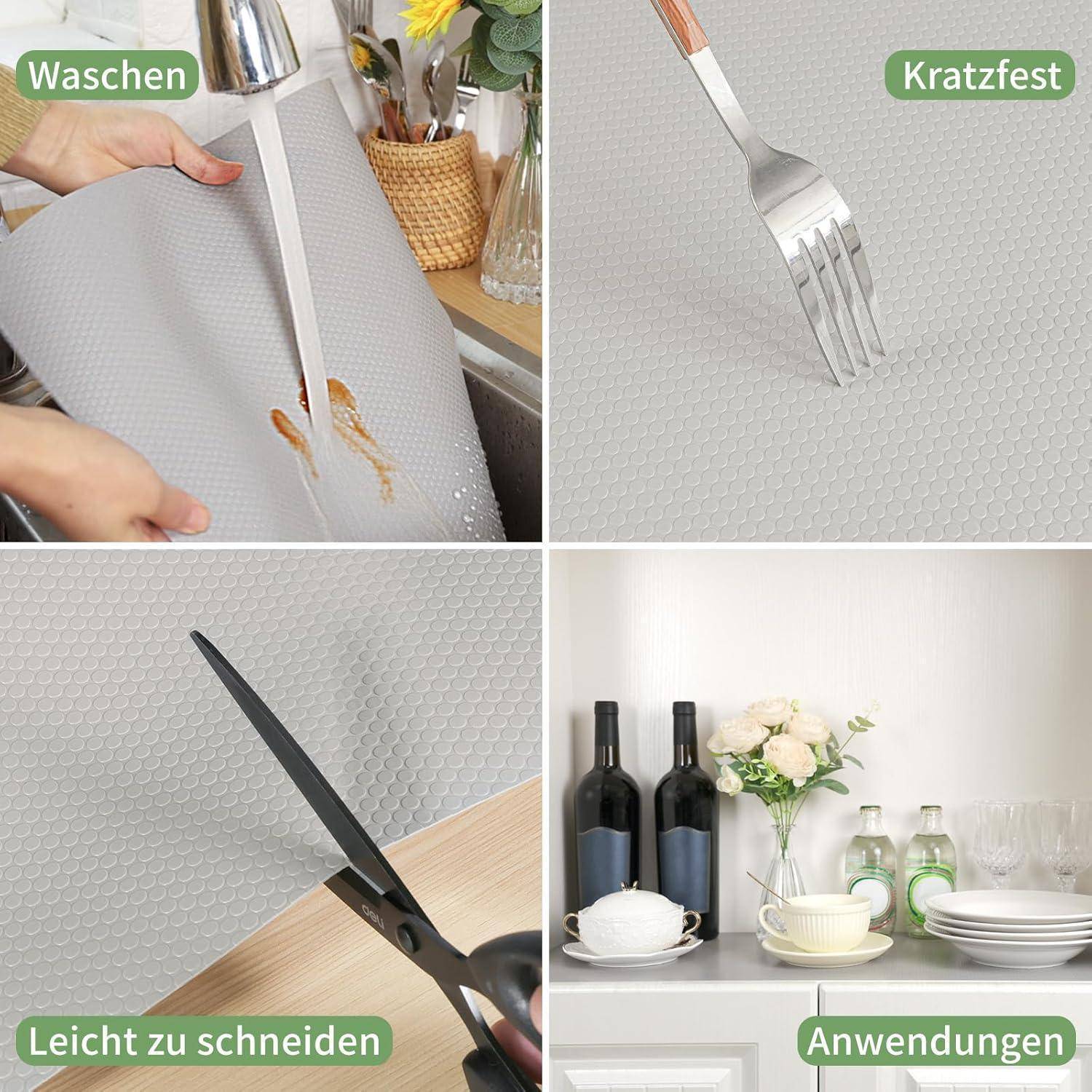 Vier-Panel-Bild, das eine strukturierte Matte zeigt, die waschbar, kratzfest, leicht zu schneiden und für die Verwendung auf der Küchentischplatte geeignet ist.