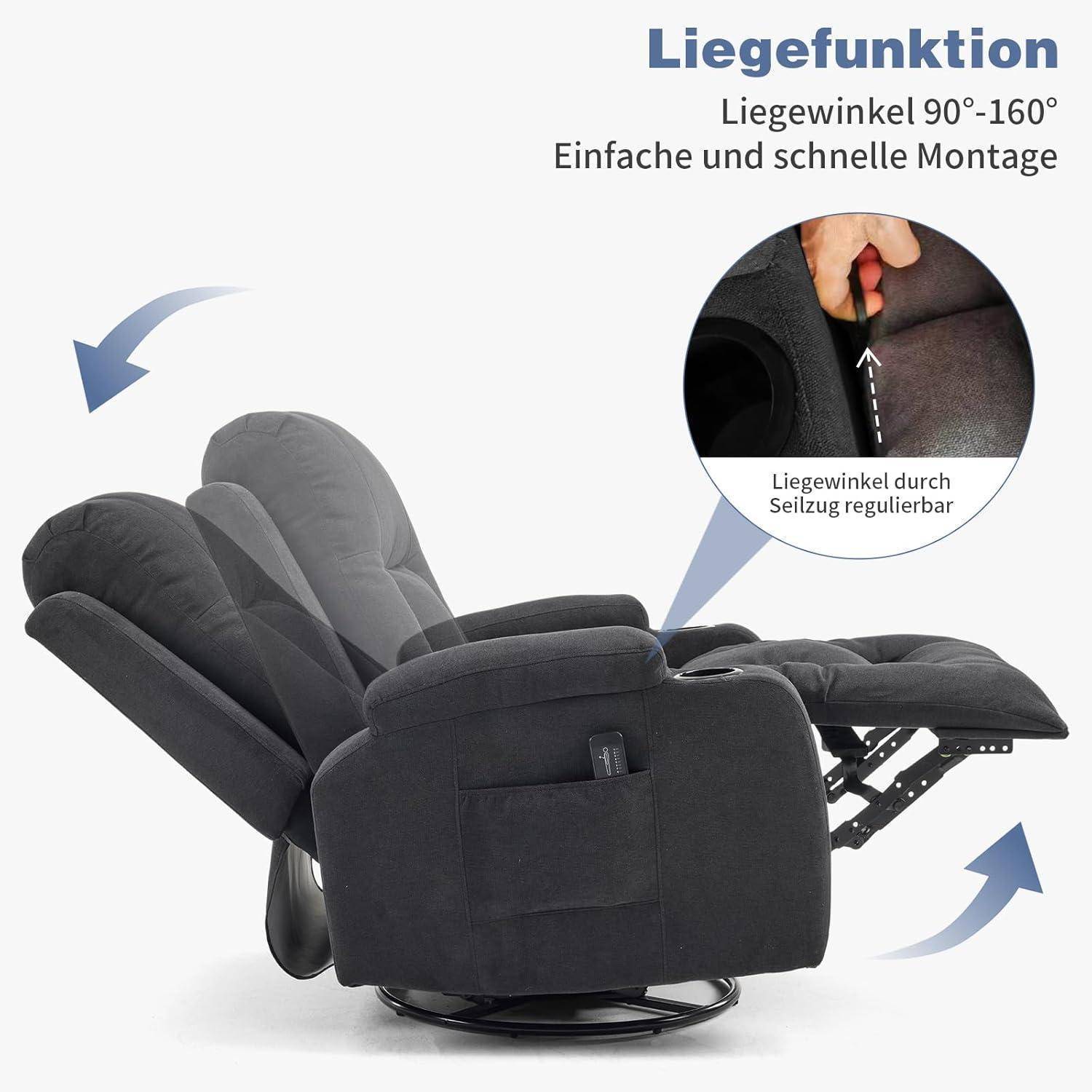 Relaxsessel in mehreren Positionen gezeigt, mit Text „Liegefunktion