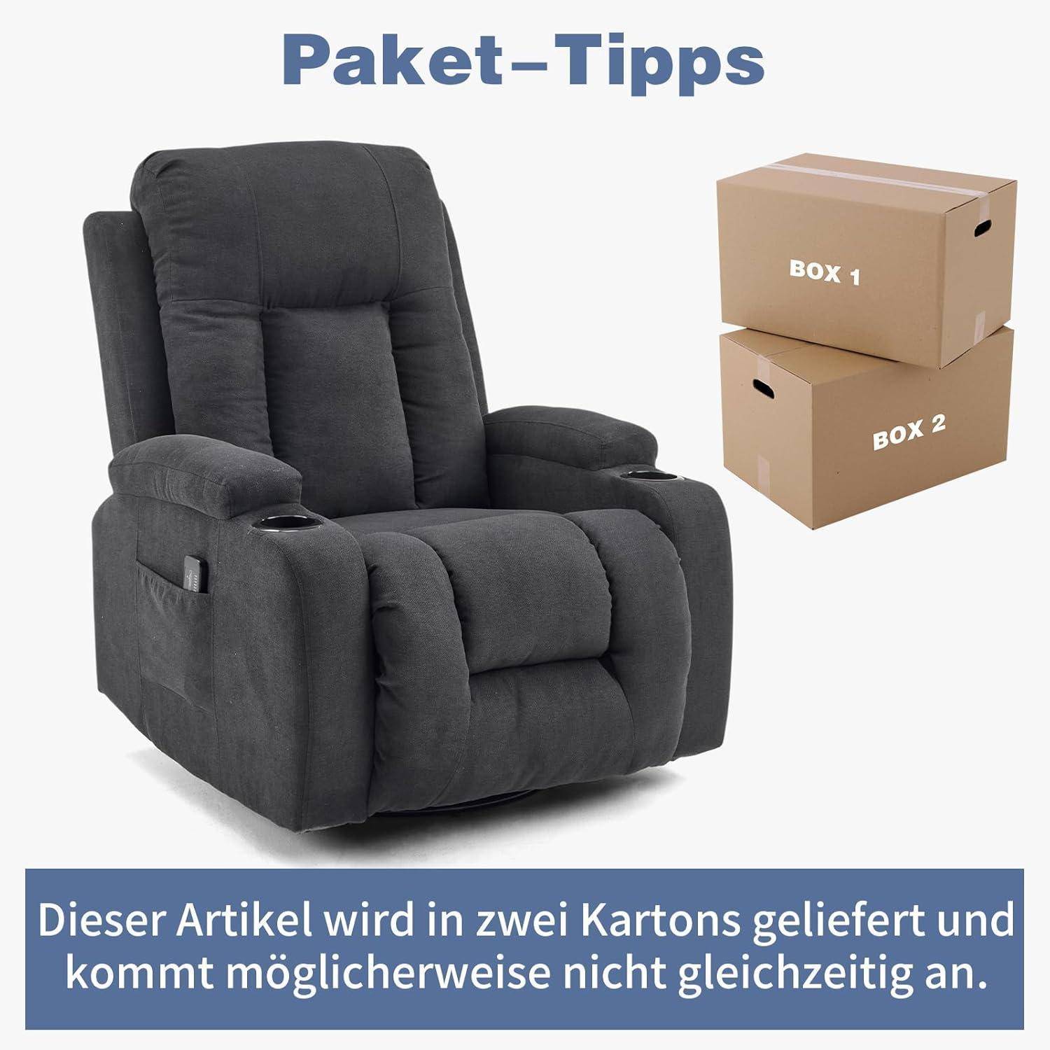 Verpackungstipp-Bild: Ein Relaxsessel mit Armlehnen, gekennzeichnet als in zwei Kartons versendet, mit Text, der warnt, dass der Artikel in zwei Kartons geliefert wird und möglicherweise nicht zusammen ankommt.