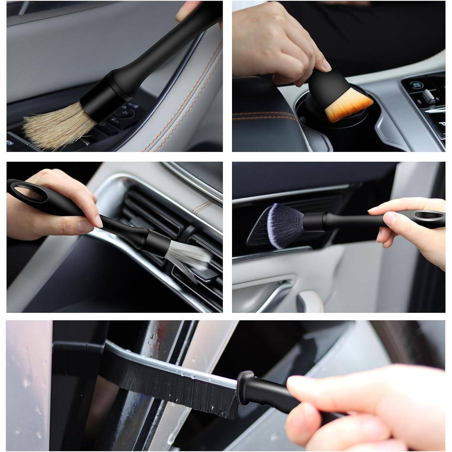 Collage von Händen, die Detaillierungsbürsten verwenden, um Autoinnenraum-Spalten, Getränkehalter, Lüftungsöffnung und Türkanten zu reinigen.