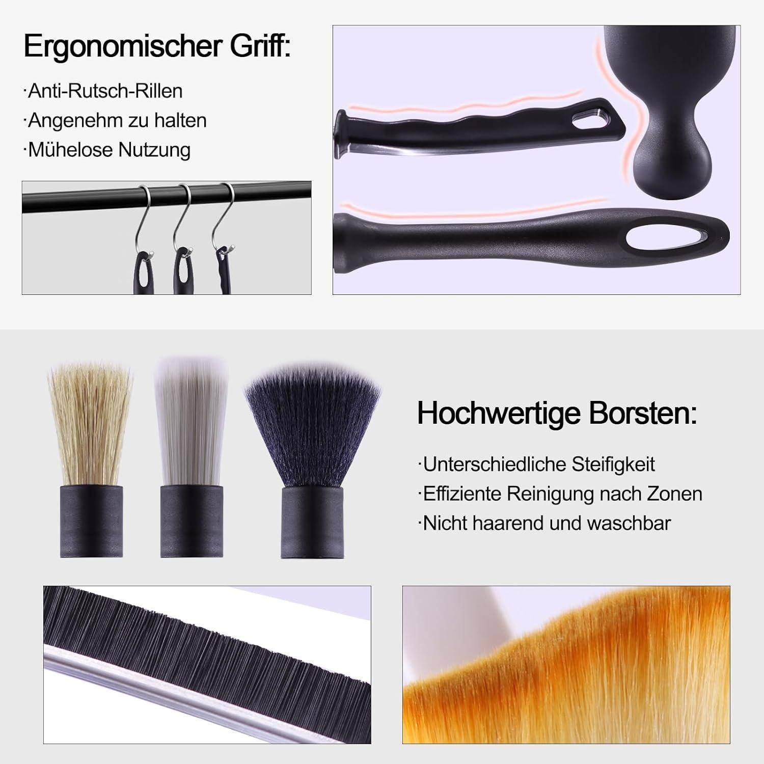 # Ergonomischer Griff mit rutschfesten Rillen und hochwertigen Bürrstenhaaren in verschiedenen Steifheitsgraden für effiziente Zonenreinigung und einfaches Waschen.