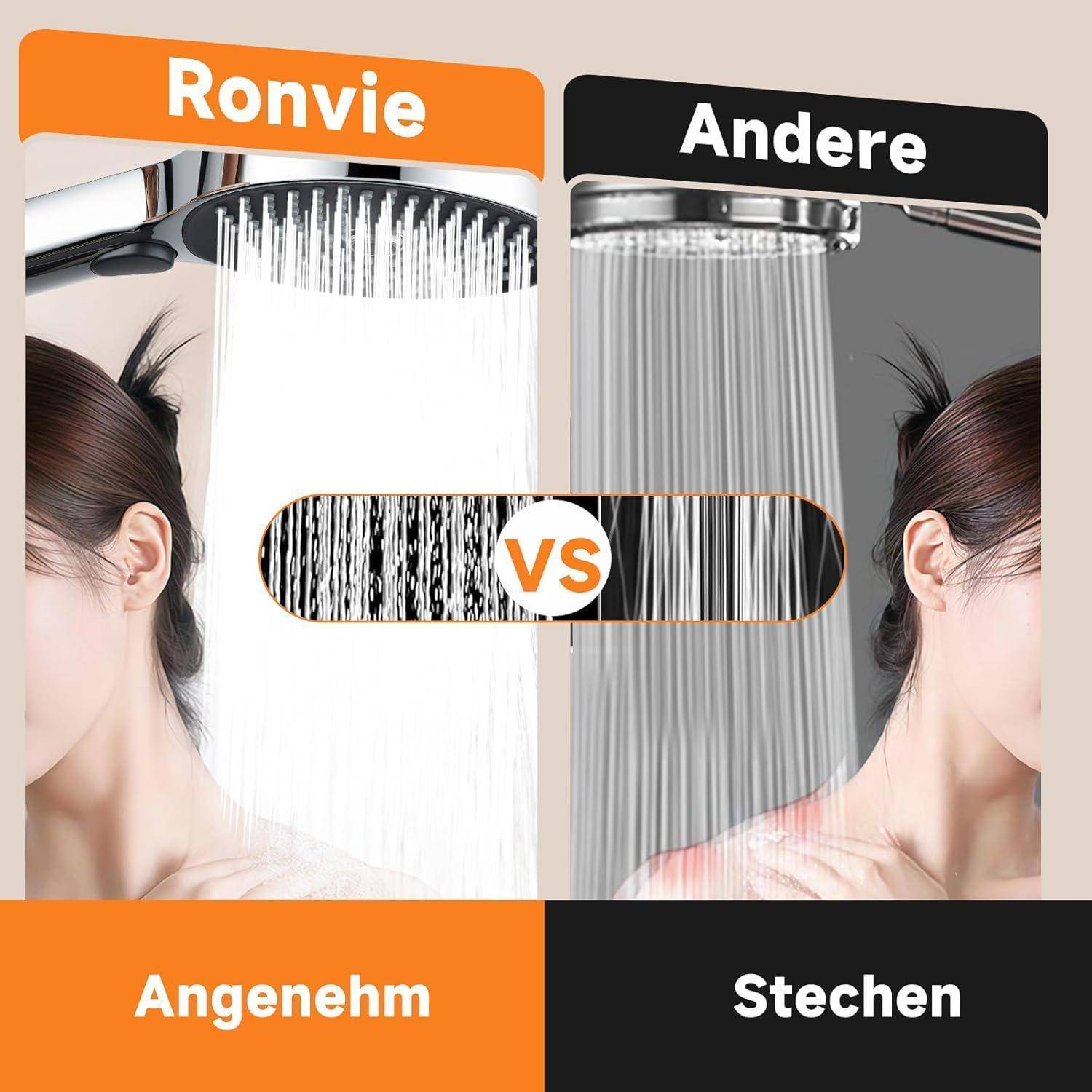 Nebeneinander-Vergleich von Duschbrausen: „Ronvie