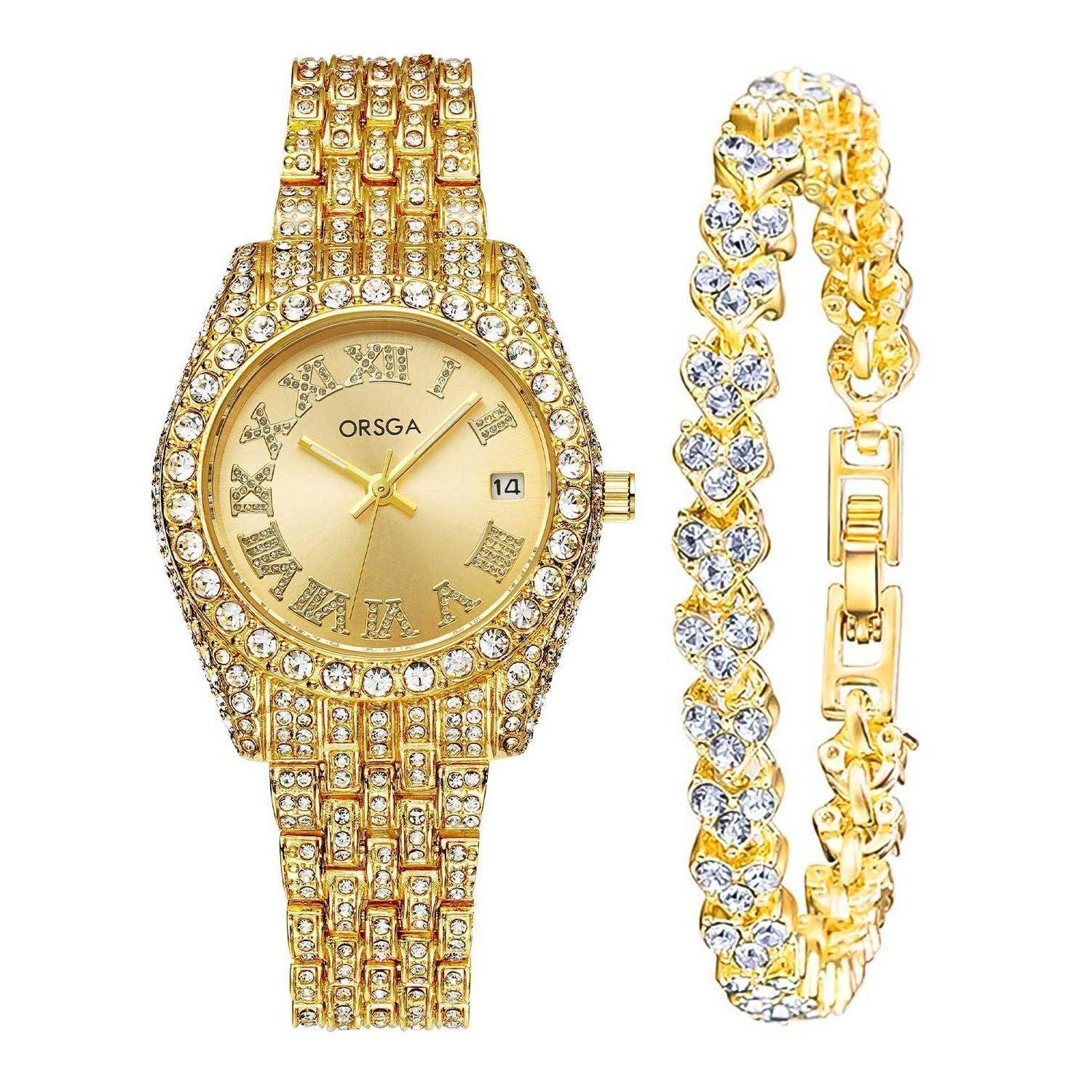 Goldfarbene, diamantbesetzte Armbanduhr mit römischem Zifferblatt und passendem Armband, von vorne und von der Seite auf weißem Hintergrund dargestellt.