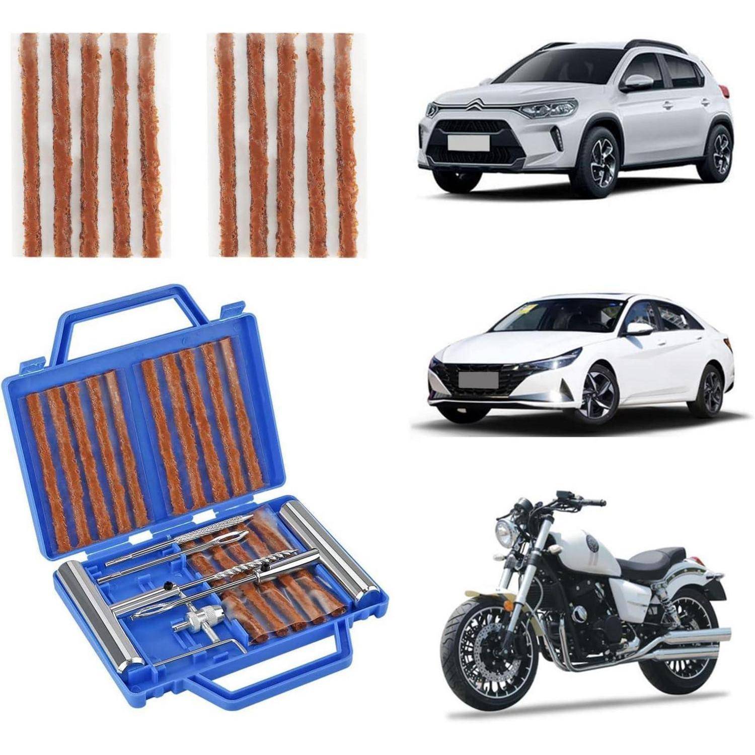 Collage mit Reifenreparaturmaterialien: zwei Streifen aus braunem Flickgarn, ein blaues Reifenreparaturset mit Werkzeugen und zwei Autos sowie ein Motorrad.