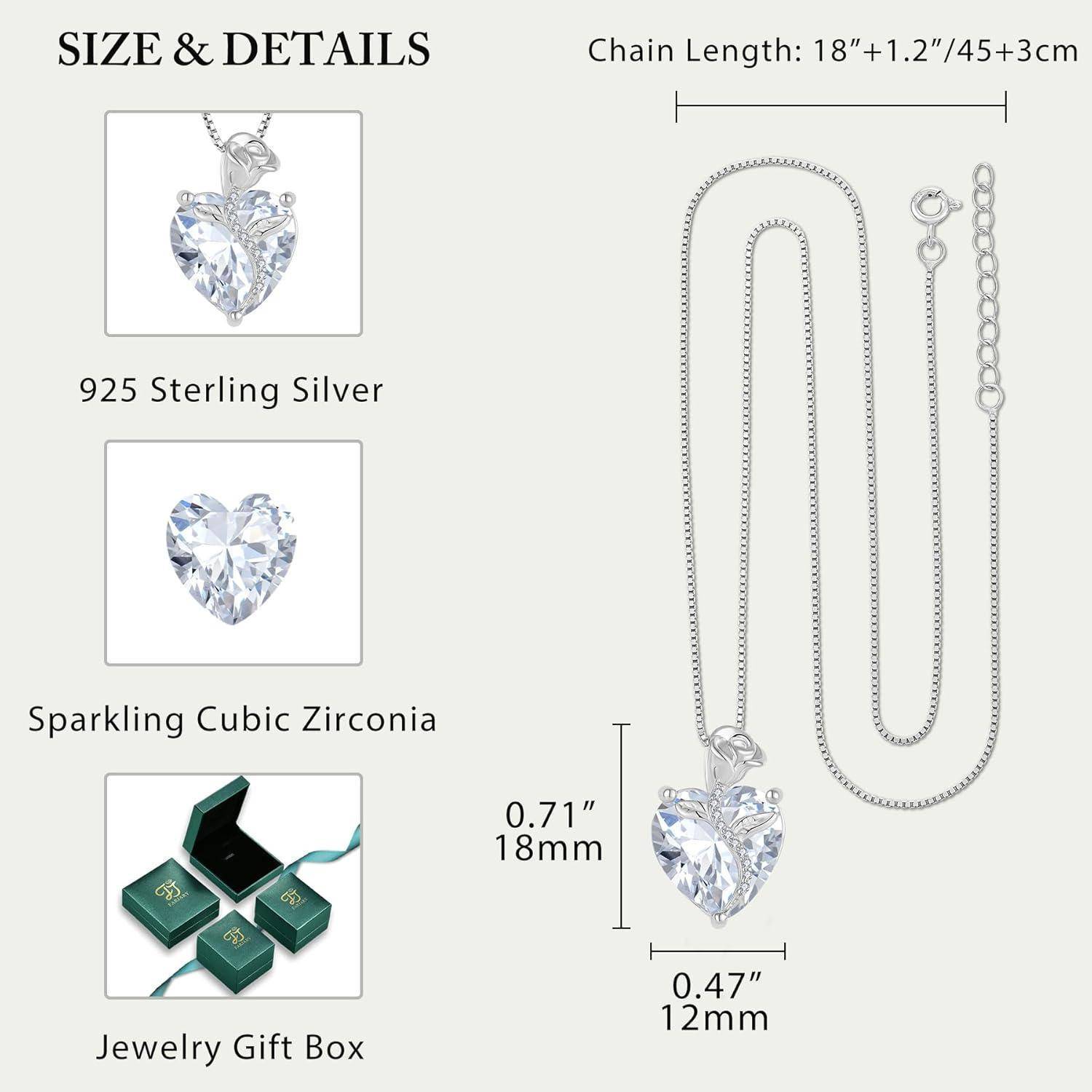 Produktgröße und Details für eine herzförmige Kubikzirkonia-Anhängerkette aus 925er Sterlingsilber mit 18-Zoll-Kette und Schmuckgeschenkbox; der Anhänger misst 0,71 mal 0,47 Zoll.