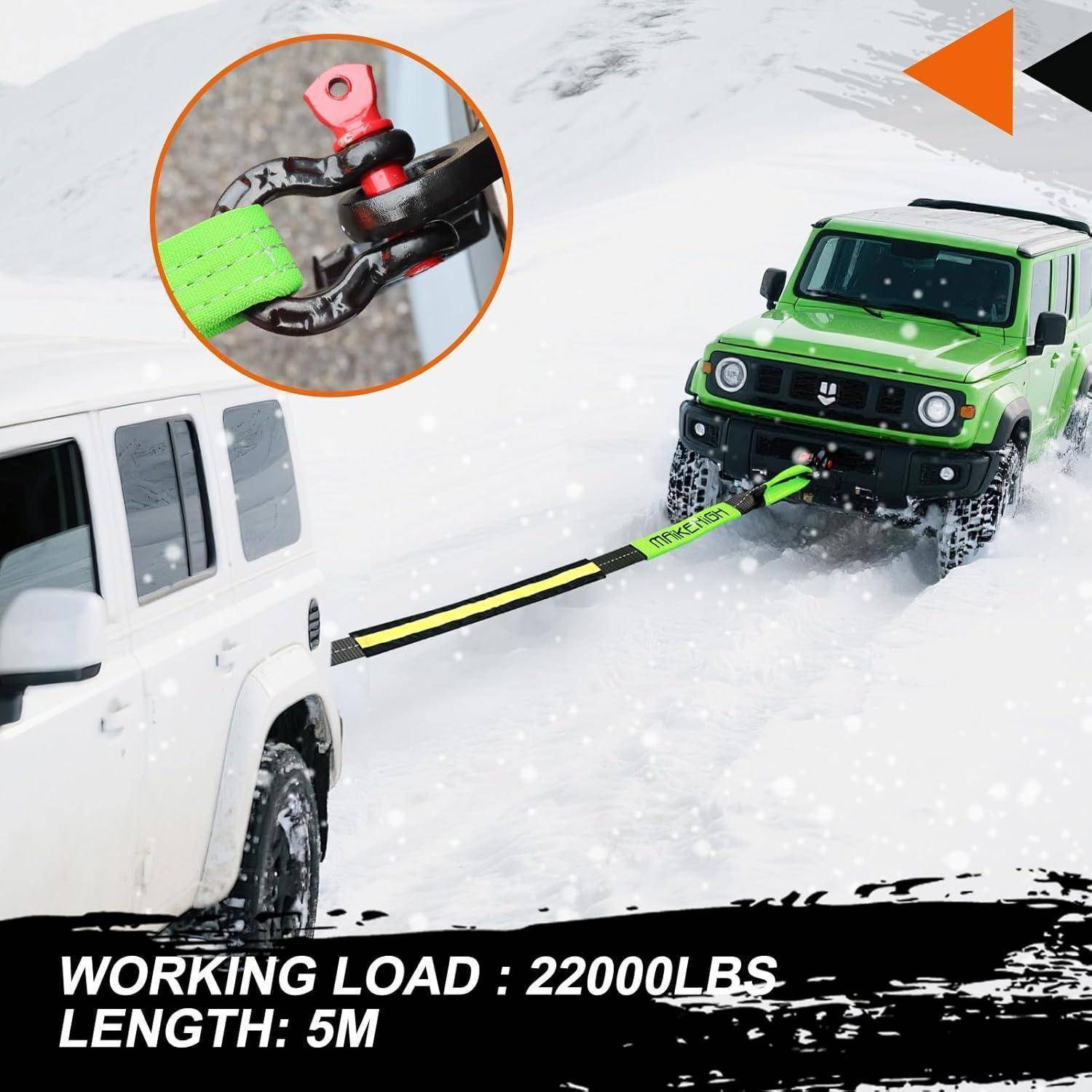 MAIKEHIGH Abschleppseil 5M x 5cm, 10 Tonnen (22,000 Lbs) Tow Rope Abschleppseile für Off-Road Recovery SUV mit 2 Verstärkten Haken, 2 Handschuhen (S