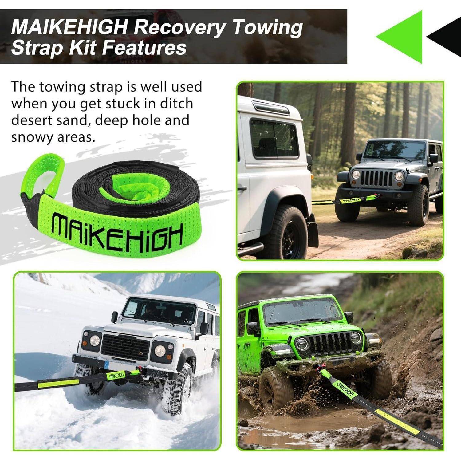 MAIKEHIGH Abschleppseil 5M x 5cm, 10 Tonnen (22,000 Lbs) Tow Rope Abschleppseile für Off-Road Recovery SUV mit 2 Verstärkten Haken, 2 Handschuhen (S