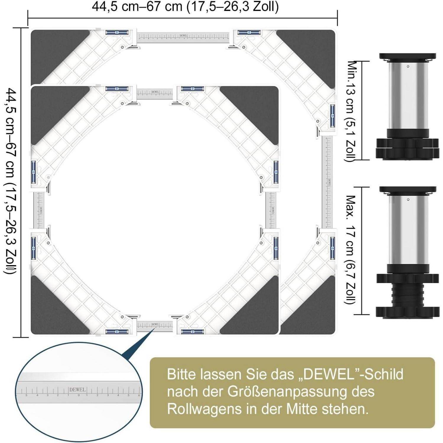 Verstellbarer Möbeltransportwagen-Rahmen Diagramm mit 44,5–67 cm Größeneinstellung und 13–17 cm Höhenbereich, mit deutscher Anweisung, die 'DEWEL' Plakette nach der Einstellung zentriert zu halten.