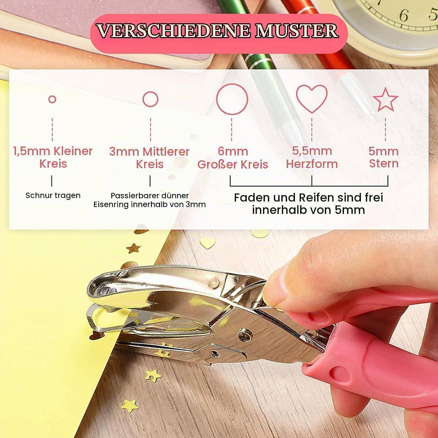 Deutsche Tabelle zeigt verschiedene Lochstanzformen und -größen: 1,5 mm kleiner Kreis, 3 mm mittlerer Kreis, 6 mm großer Kreis, 5,5 mm Herz, 5 mm Stern; Zange stanzt die Formen.