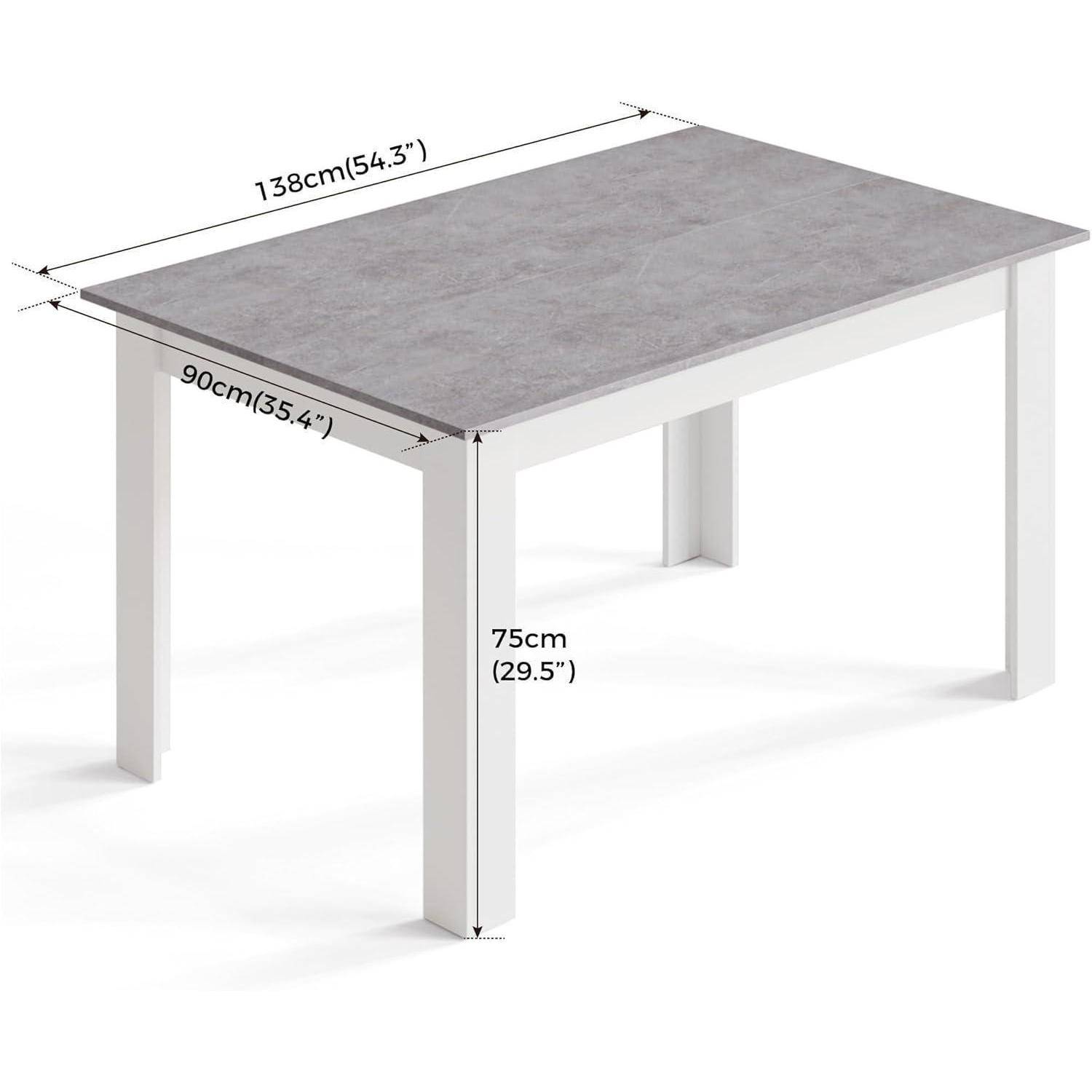 Produktbild eines rechteckigen Tisches mit Abmessungen: 138 cm lang, 90 cm breit und 75 cm hoch.