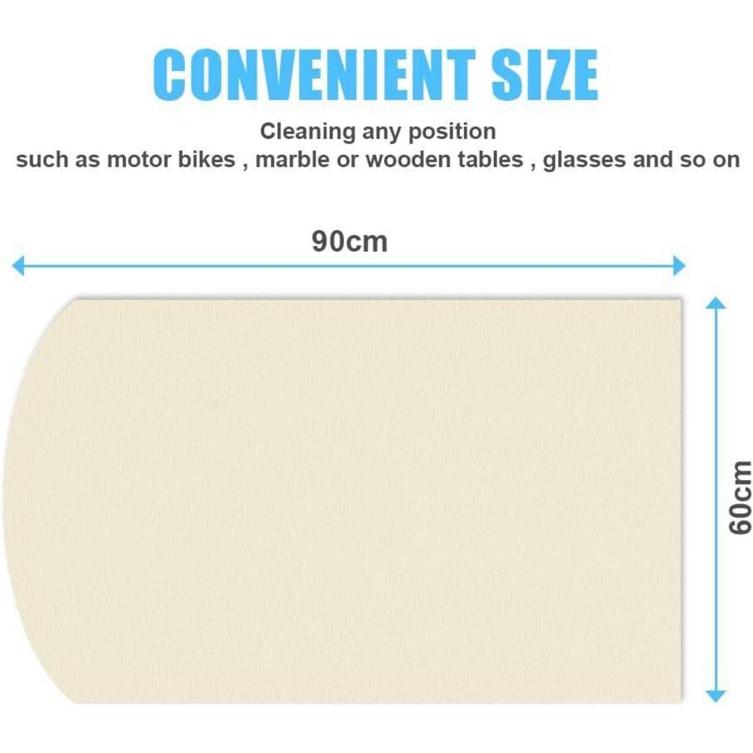 Produktgrößendiagramm zeigt ein beiges Reinigungstuch: 90 cm breit und 60 cm hoch, mit der Aufschrift „PRAKTISCHE GRÖSSE