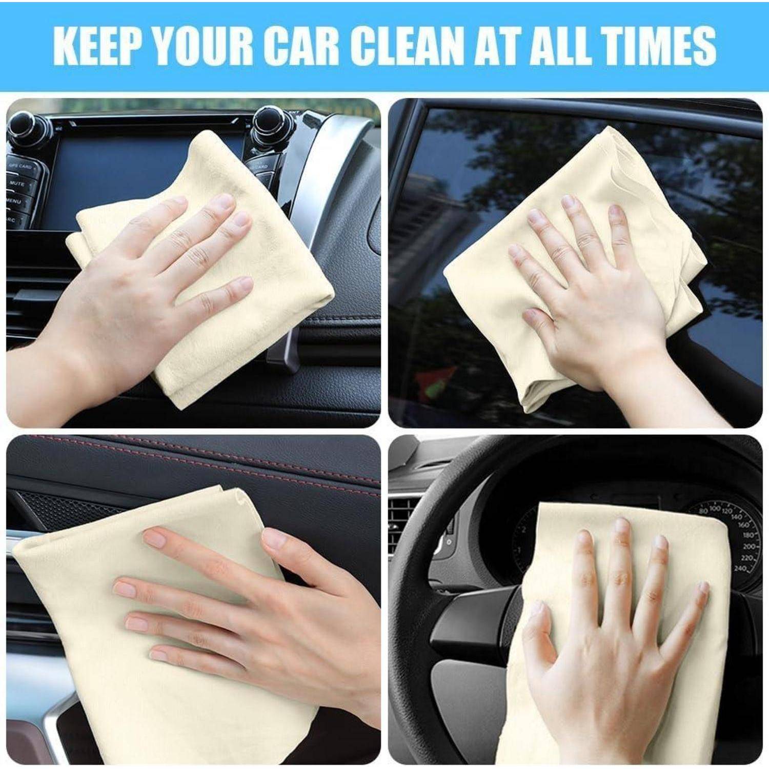 Vierteiliges Autowäsch-Anzeige mit einer Hand, die Armaturenbrett, Fenster, Türverkleidung und Lenkrad mit einem Tuch abwischt; Text besagt „HALTEN SIE IHR AUTO IMMER SAUBER