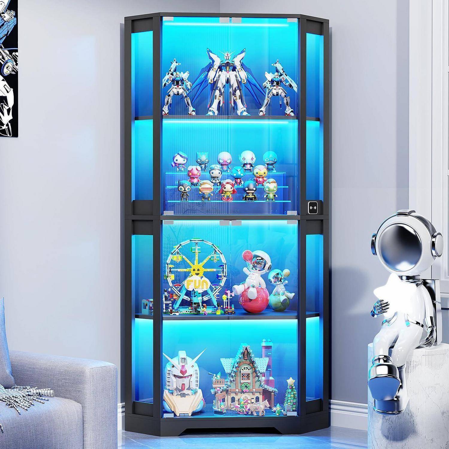BROTTAR Eckvitrine mit Glastüren, Tall 165cm Eck Bücherregal mit 3 Farben Led Beleuchtung, 4-Ebenen Vitrinenschrank mit Intelligente Sensorik für