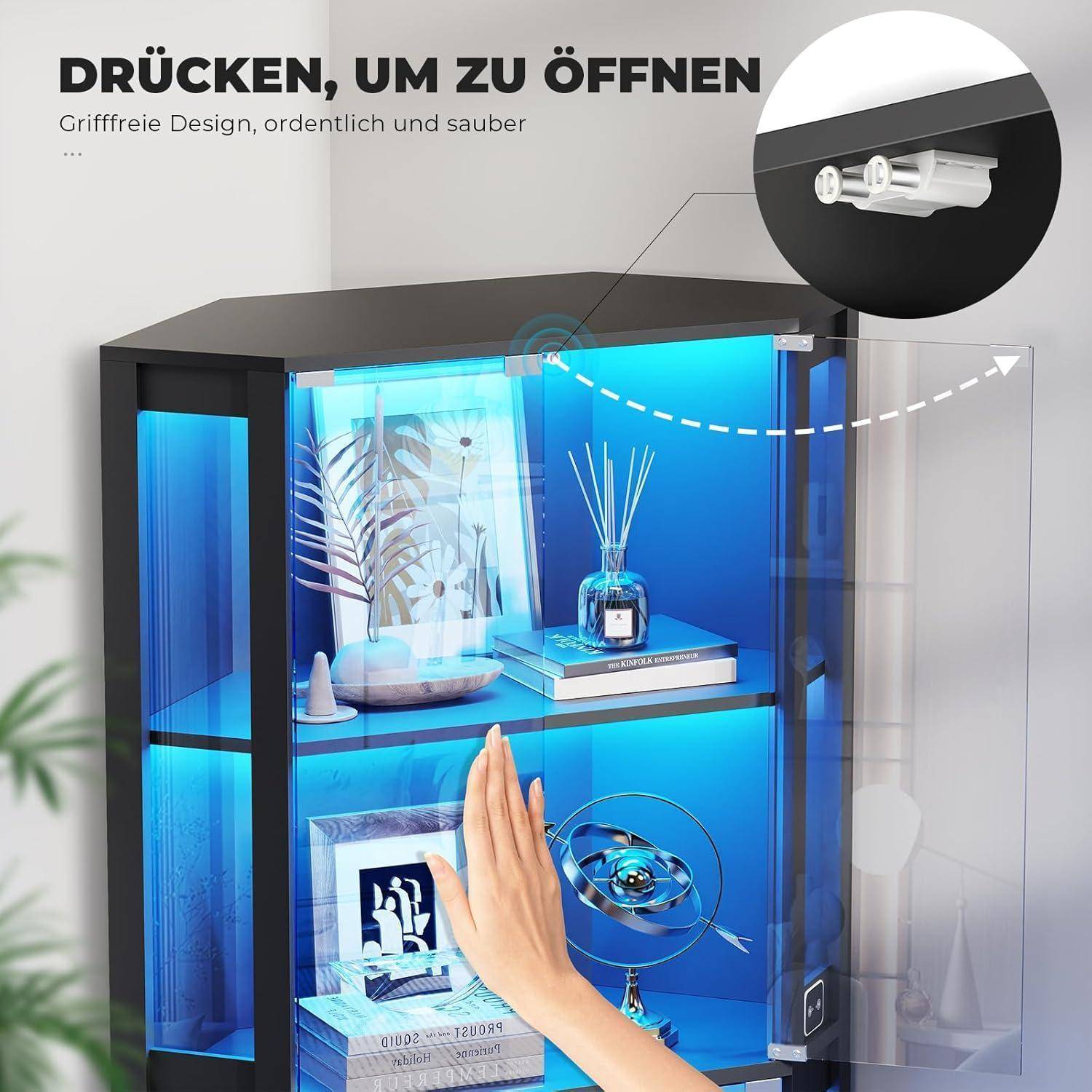 BROTTAR Eckvitrine mit Glastüren, Tall 165cm Eck Bücherregal mit 3 Farben Led Beleuchtung, 4-Ebenen Vitrinenschrank mit Intelligente Sensorik für