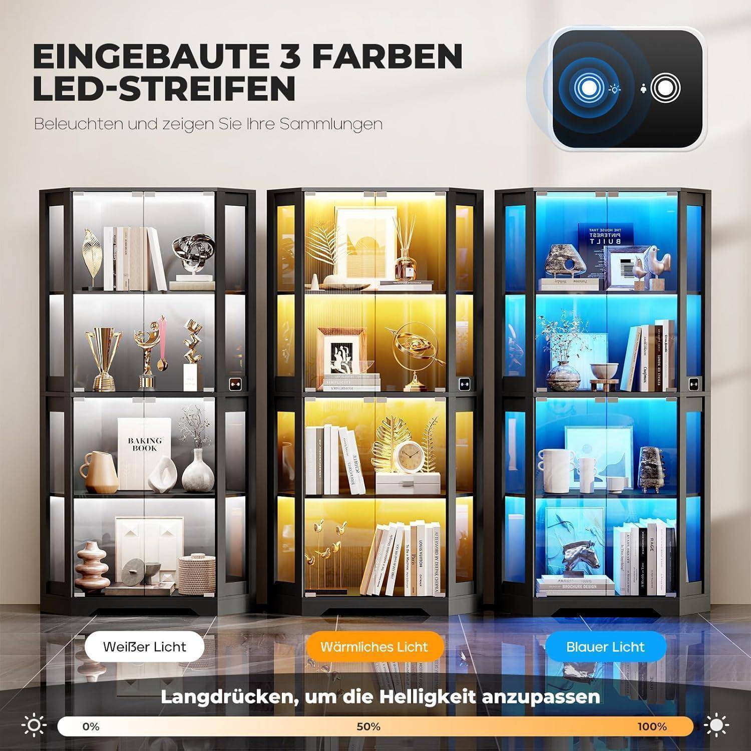 BROTTAR Eckvitrine mit Glastüren, Tall 165cm Eck Bücherregal mit 3 Farben Led Beleuchtung, 4-Ebenen Vitrinenschrank mit Intelligente Sensorik für