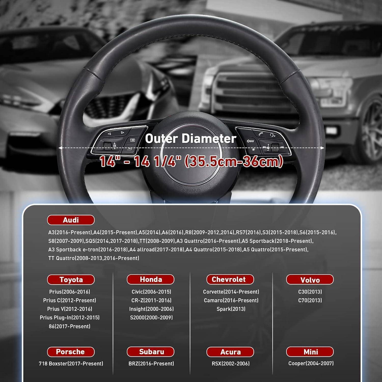 Kompatibilitätstabelle für Autolenkräder mit Außendurchmesser von 14 bis 14 1/4 Zoll und kompatiblen Modellen von Audi, Toyota, Honda, Chevrolet, Volvo, Porsche, Subaru, Acura und Mini.