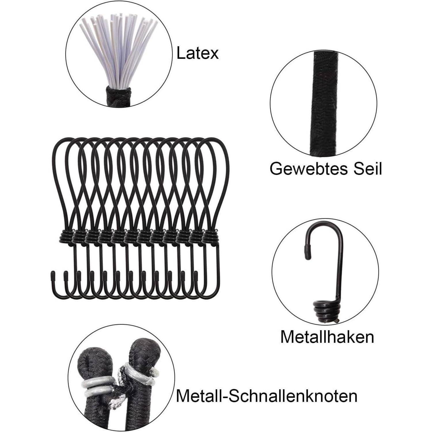 Diagramm eines schwarzen elastischen Bungee-Cord-Hakens mit Beschriftungen für Latexkern, geflochtenes Seil, Metallhaken und Metallschnalle-Knoten.
