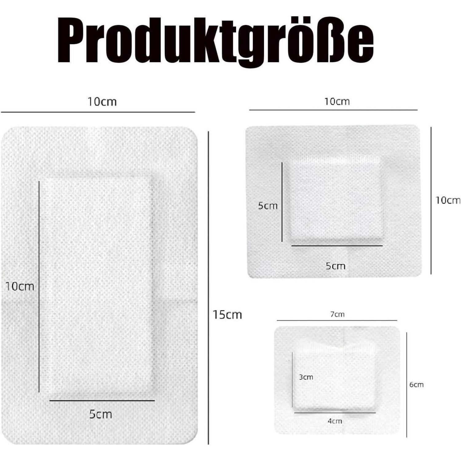 Produktgrößentabelle mit drei weißen rechteckigen Polsteroptionen: groß 10 x 15 cm, mittel 10 x 10 cm und klein 7 x 6 cm, mit beschrifteten Innendabmessungen.