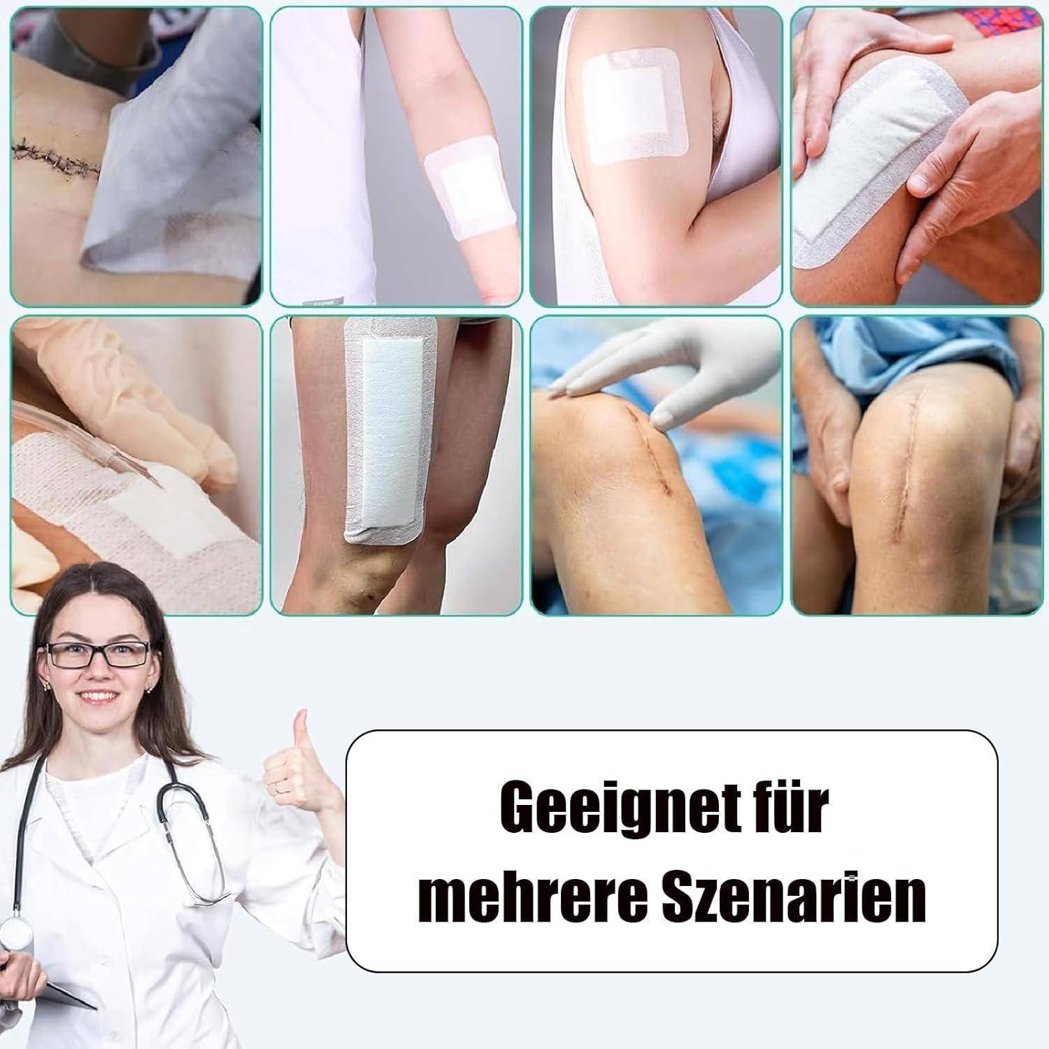 Collage von verbundenen Wunden an Armen und Beinen, mit einem Arzt, der neben dem deutschen Text „Geeignet für mehrere Szenarien" einen Daumen nach oben zeigt und die Eignung für mehrfache Verwendungen anzeigt.