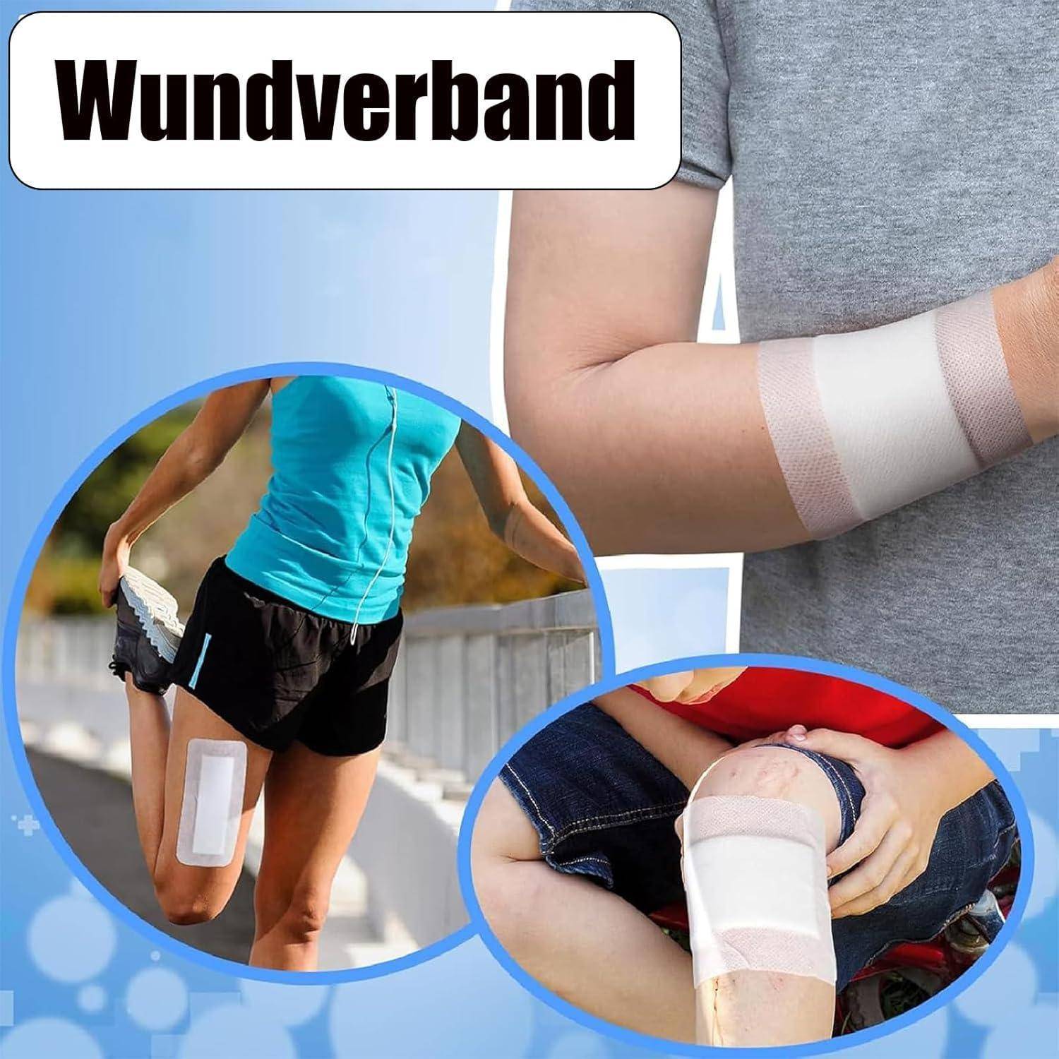 Bild mit einer Wundverbandage: ein Unterarm, der in einem weißen elastischen Verband gewickelt ist, und zwei eingefügte Fotos von Heftpflastern auf einem Bein und Knie.