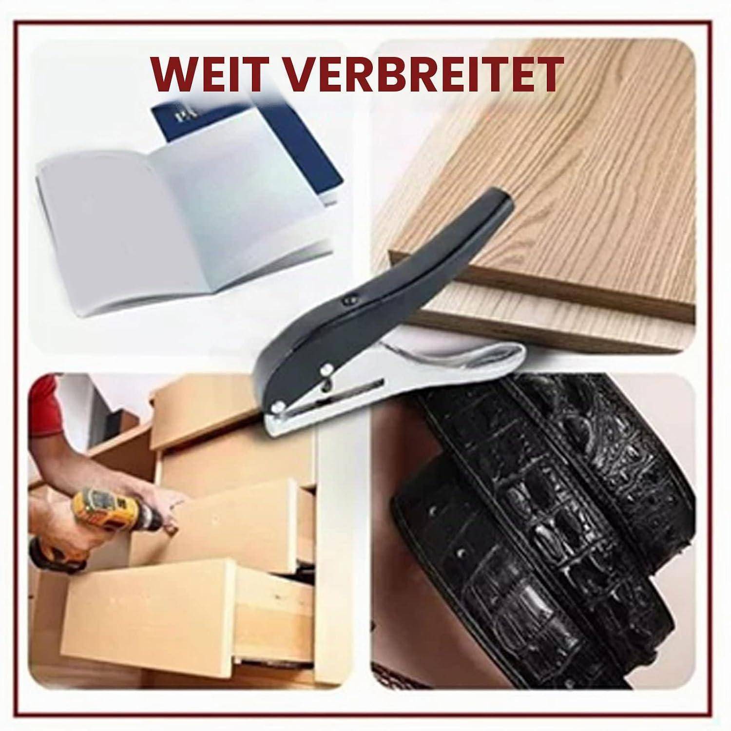 Collage mit einem großen Hefter, der dicke Kartonagen und Gepäck zusammenheftet; der Text sagt „WEIT VERBREITET