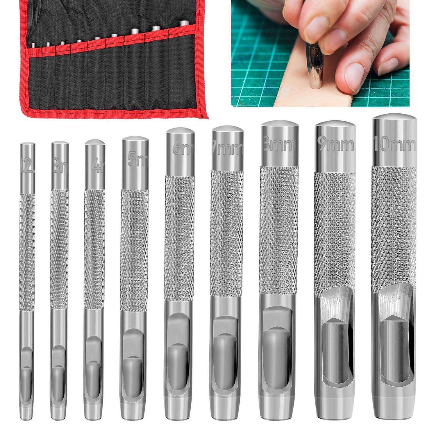 Satz aus Metall-Lederlochstanzwerkzeugen in den Größen 2-10 mm, gezeigt mit einem Tragekoffer und einer Hand, die ein Loch in Material stanzt.