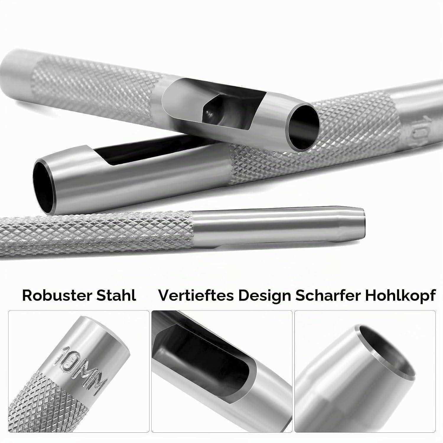 Nahaufnahme-Produktbild eines Metallrohrs-Werkzeugs mit strukturiertem Griff und hohlgeschliffenem Kopf, dargestellt mit drei Detailansichten und deutschen Beschriftungen: 'Robuster Stahl', 'Vertieftes Design', 'Scharfer Hohlkopf'.