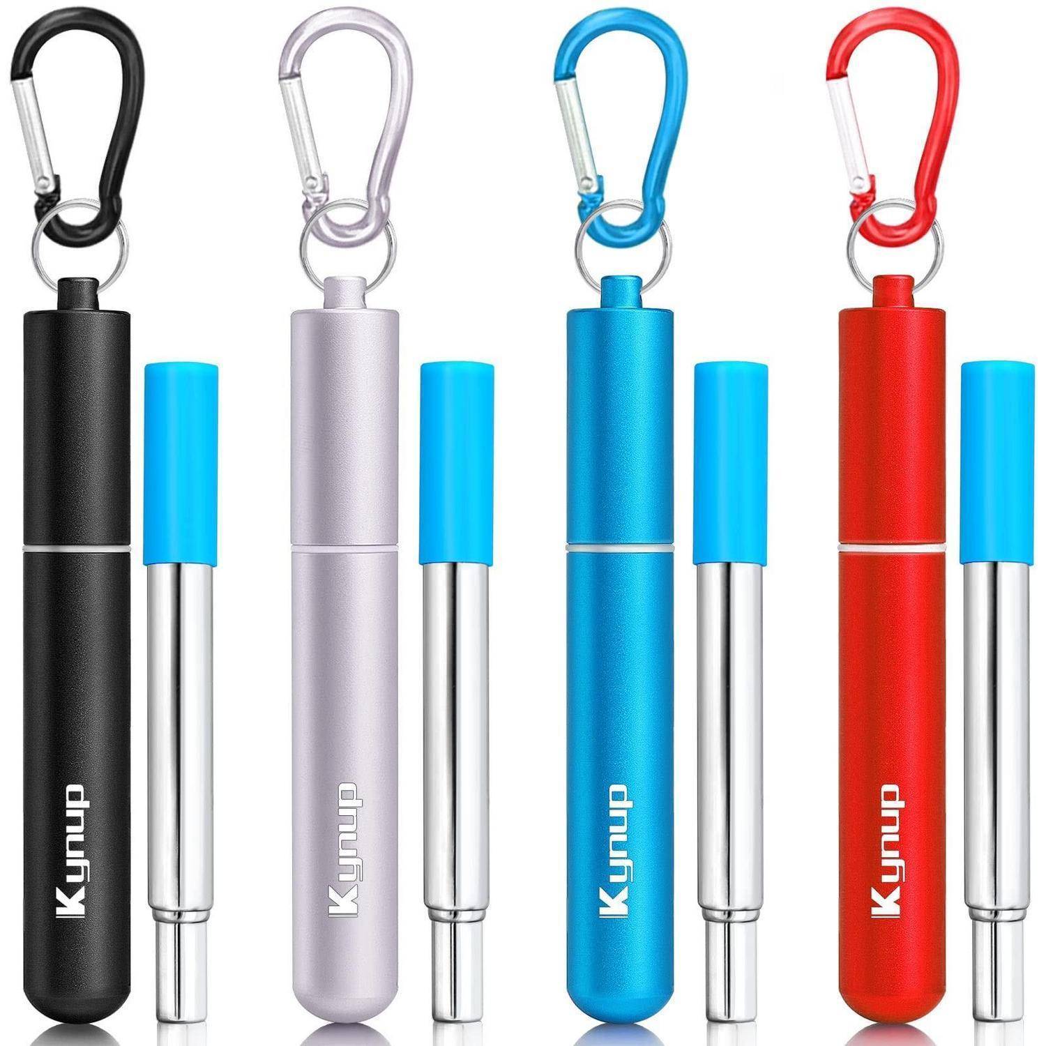 Vier Kynup Metall-Stiftlampen in Schwarz, Silber, Blau und Rot, jeweils mit passendem Clip und Schutzkappe, auf weißem Hintergrund präsentiert.