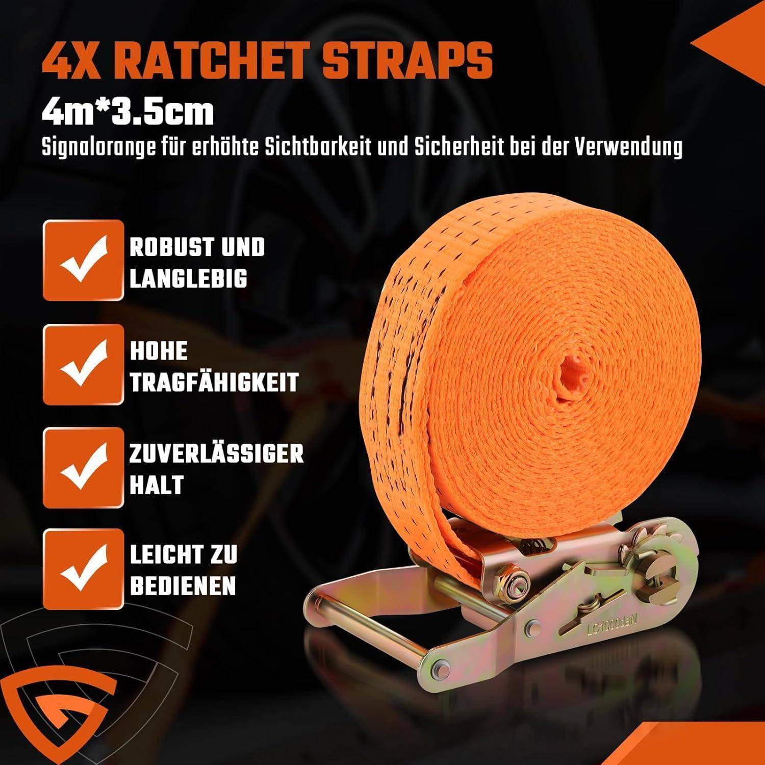 4 Stück Spanngurte mit Ratsche, 4m lang, 35mm breit, Ratschengurte, Belastbarkeit 2000 daN, Befestigungsgurt für Auto, Sackkarre, Motorrad, Gepäck