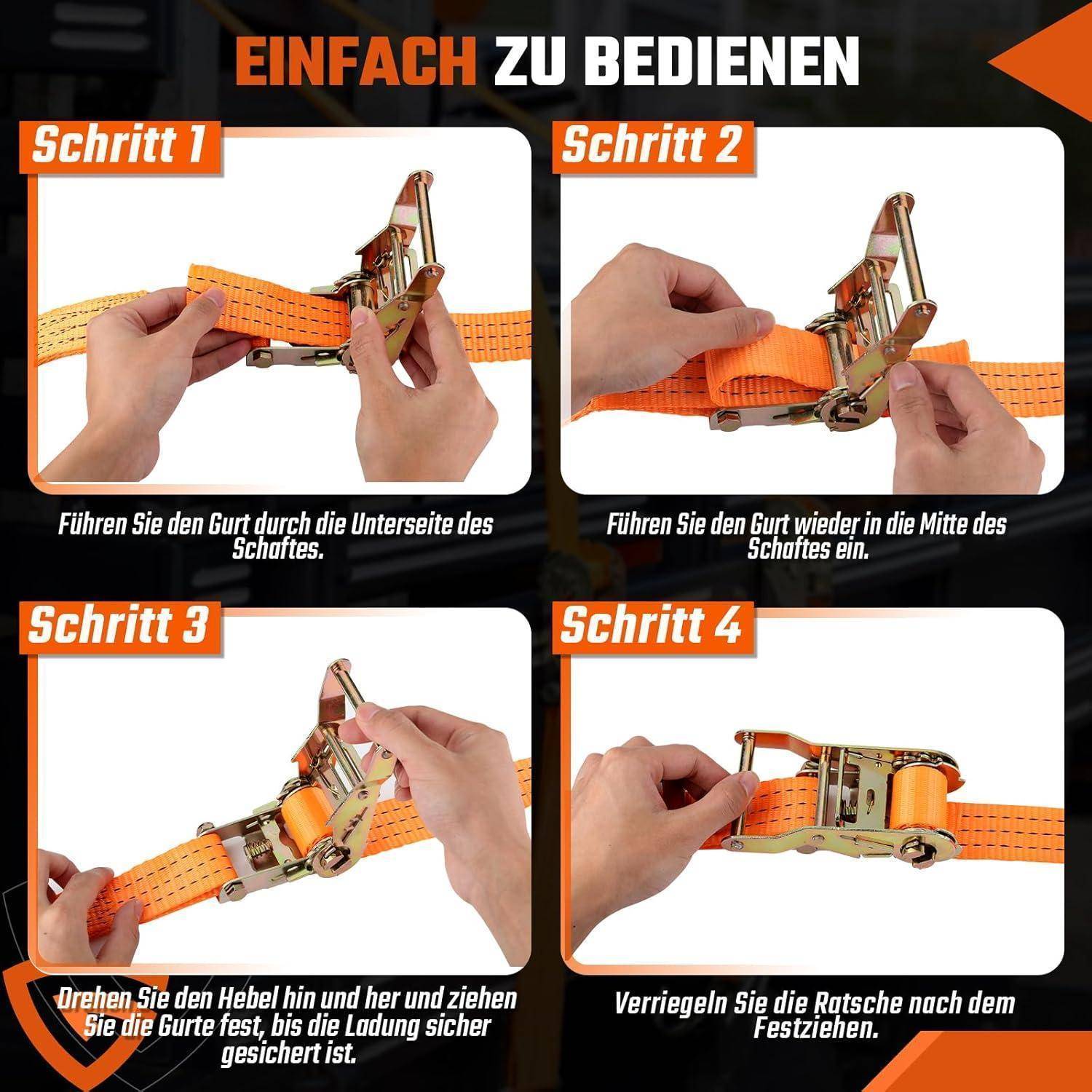 Anleitung zum Gebrauch eines Ratschengurts in vier Schritten: Den Gurt einfädeln, zentrieren, durch Betätigung des Hebels spannen und die Ratsche verriegeln.