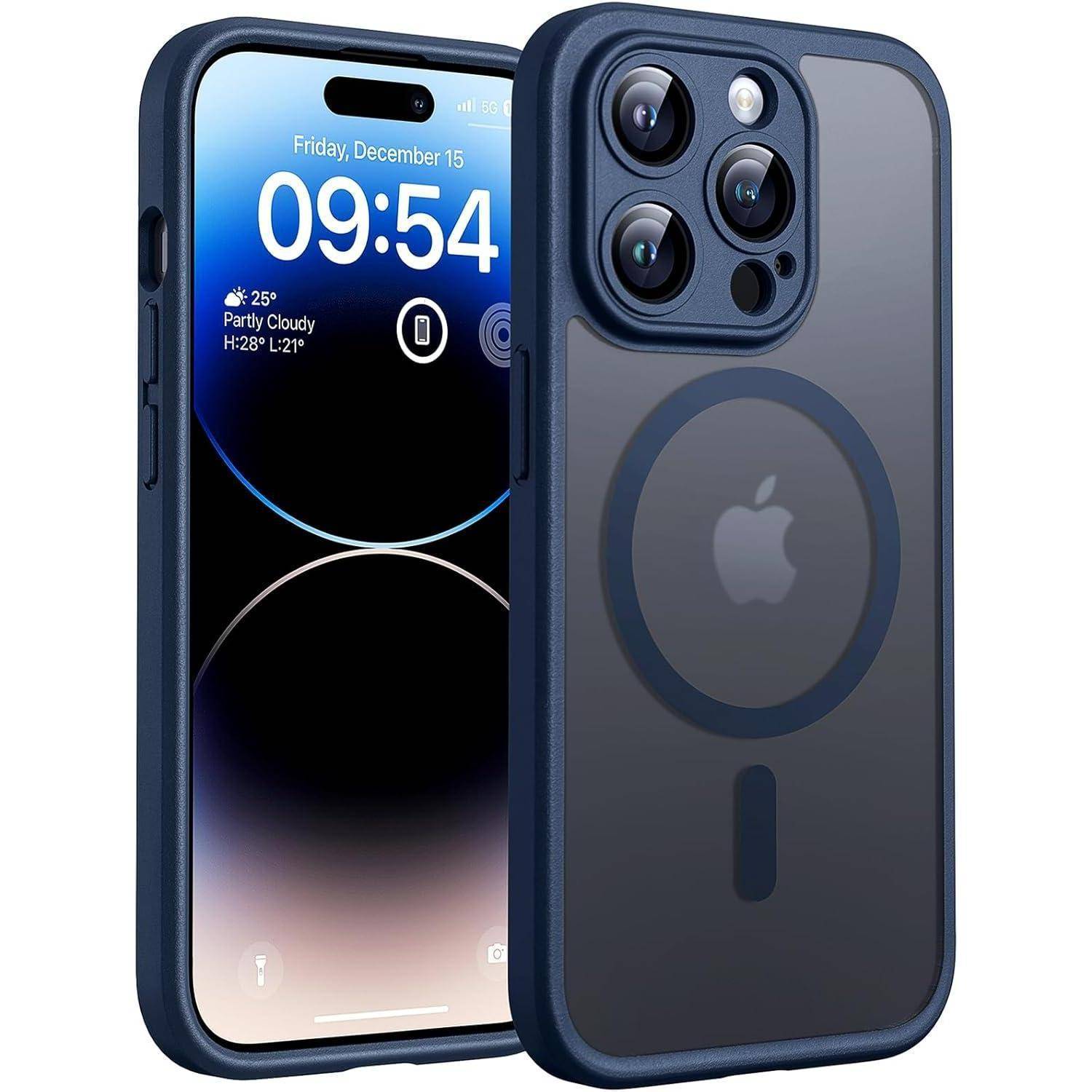 Zwei dunkelblau iPhone, von vorne und von hinten gezeigt, mit einer transparenten Schutzhülle mit einem MagSafe-Ring und dreifachem Kameraausschnitt.